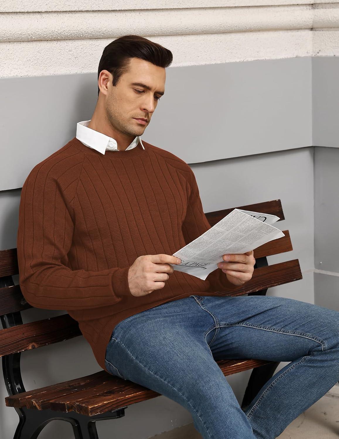 imageCOOFANDY Mens Crewneck Pullover Sweaters Business Casual Long Sleeve Slim Fit Sweater Chunky Cable Knit SweaterCaramel