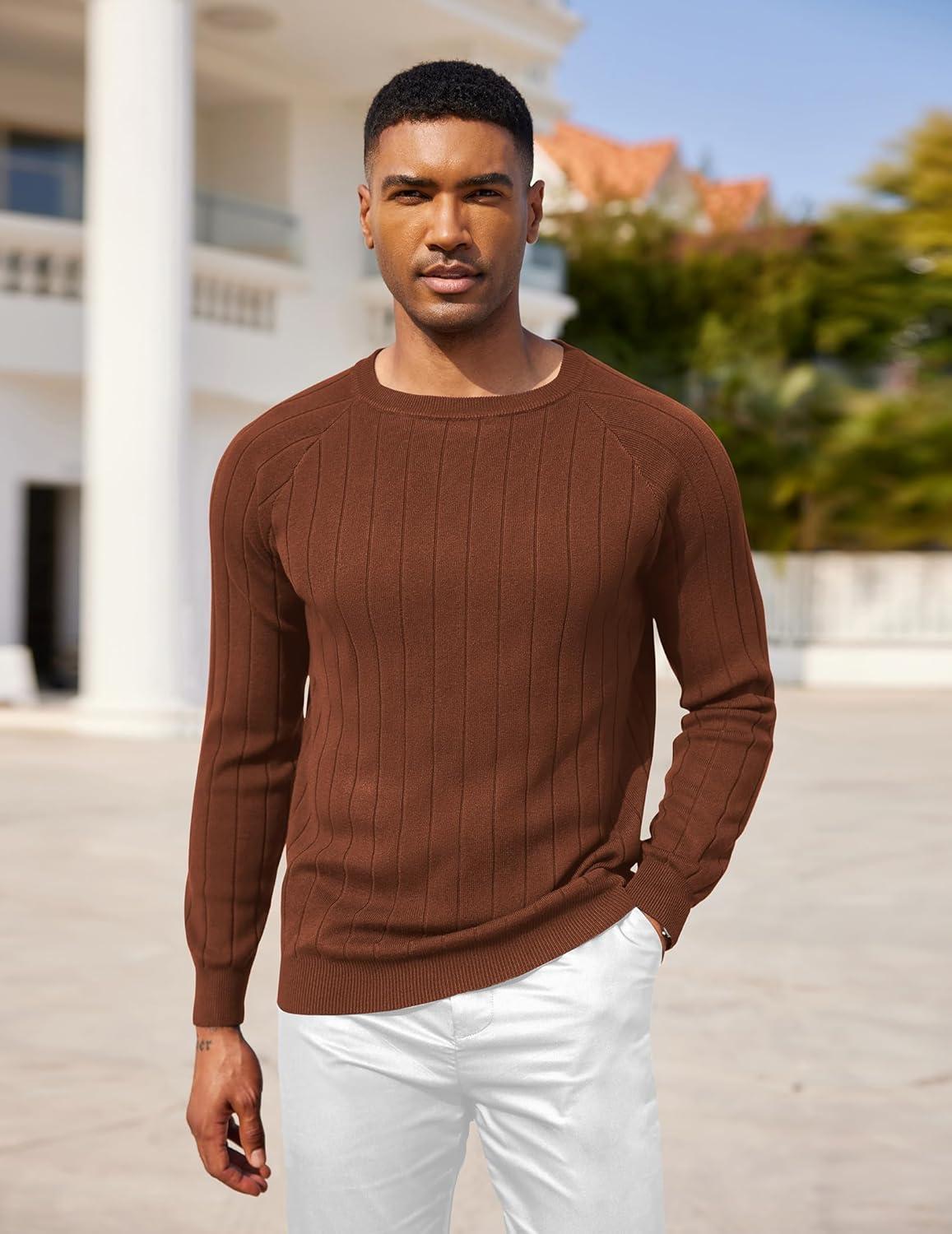 imageCOOFANDY Mens Crewneck Pullover Sweaters Business Casual Long Sleeve Slim Fit Sweater Chunky Cable Knit SweaterCaramel