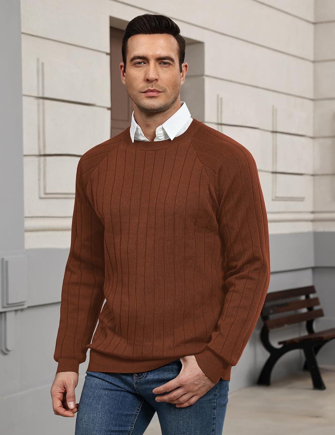 imageCOOFANDY Mens Crewneck Pullover Sweaters Business Casual Long Sleeve Slim Fit Sweater Chunky Cable Knit SweaterCaramel