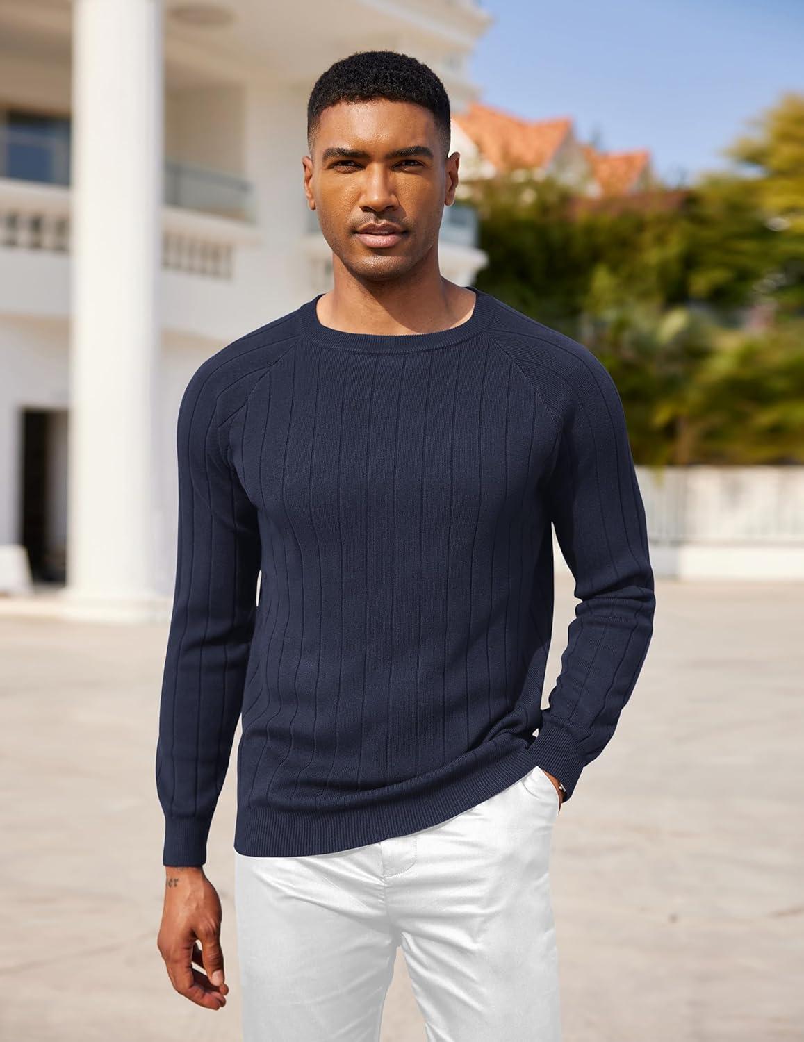 imageCOOFANDY Mens Crewneck Pullover Sweaters Business Casual Long Sleeve Slim Fit Sweater Chunky Cable Knit SweaterDark Blue