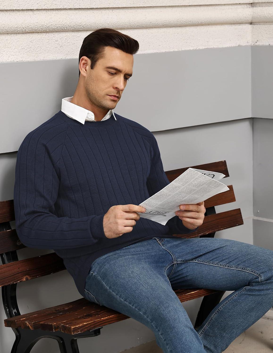 imageCOOFANDY Mens Crewneck Pullover Sweaters Business Casual Long Sleeve Slim Fit Sweater Chunky Cable Knit SweaterDark Blue