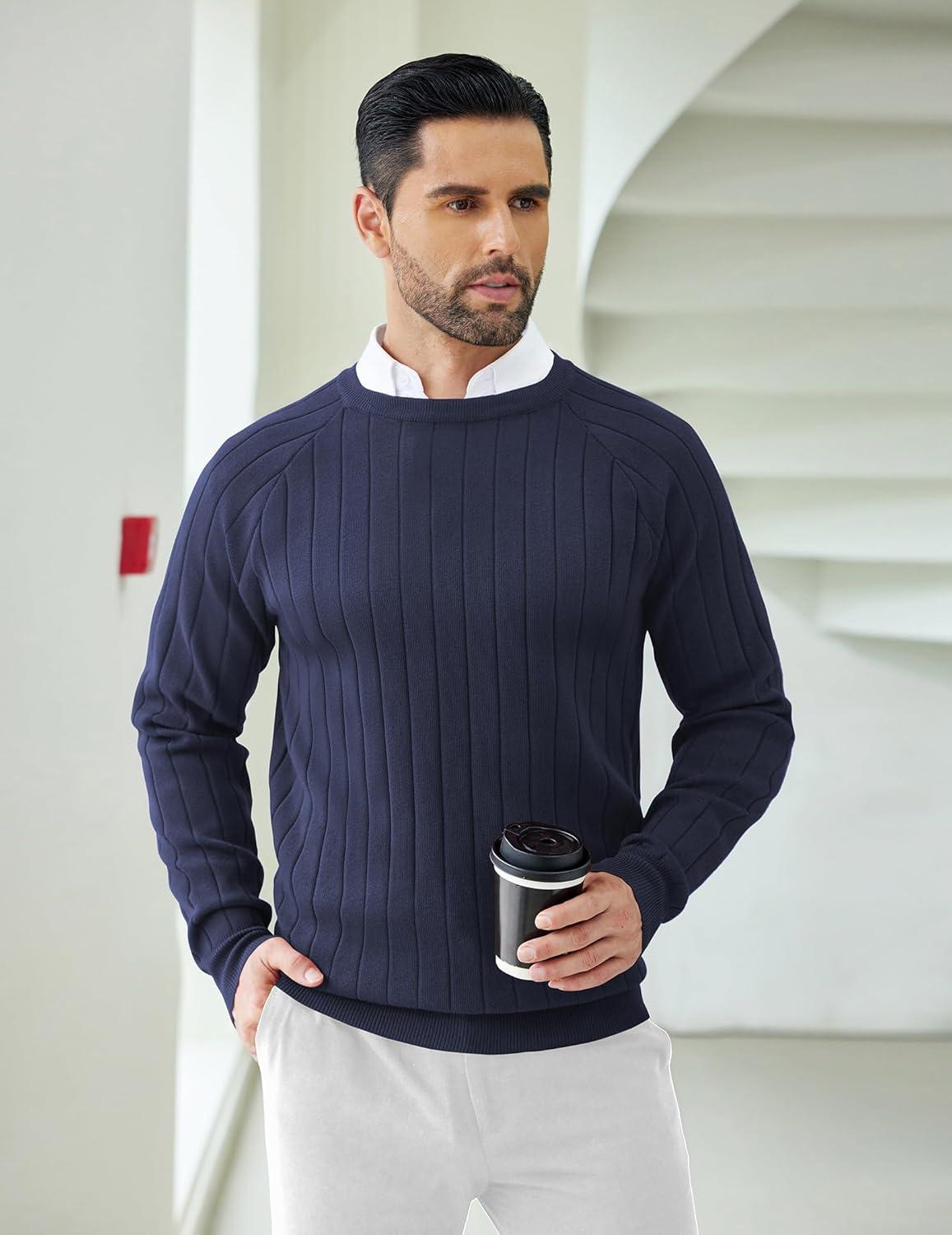 imageCOOFANDY Mens Crewneck Pullover Sweaters Business Casual Long Sleeve Slim Fit Sweater Chunky Cable Knit SweaterDark Blue