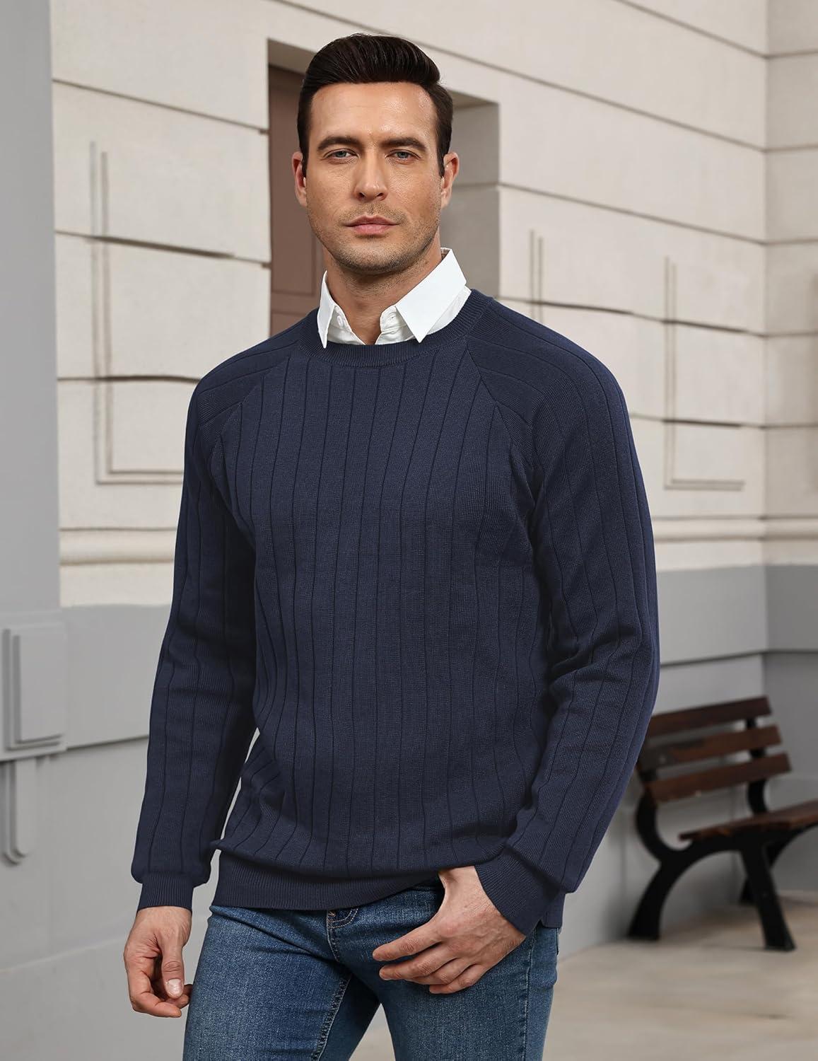 imageCOOFANDY Mens Crewneck Pullover Sweaters Business Casual Long Sleeve Slim Fit Sweater Chunky Cable Knit SweaterDark Blue