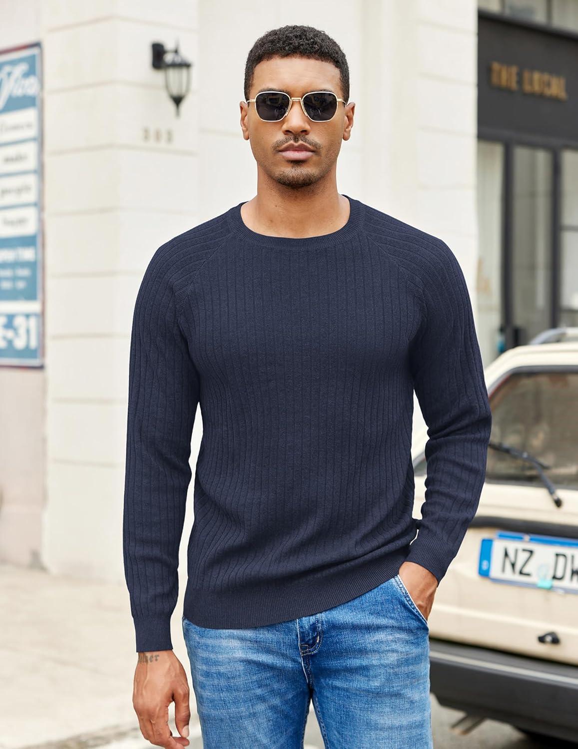 imageCOOFANDY Mens Crewneck Pullover Sweaters Business Casual Long Sleeve Slim Fit Sweater Chunky Cable Knit SweaterDark Bluenarrow Ribs