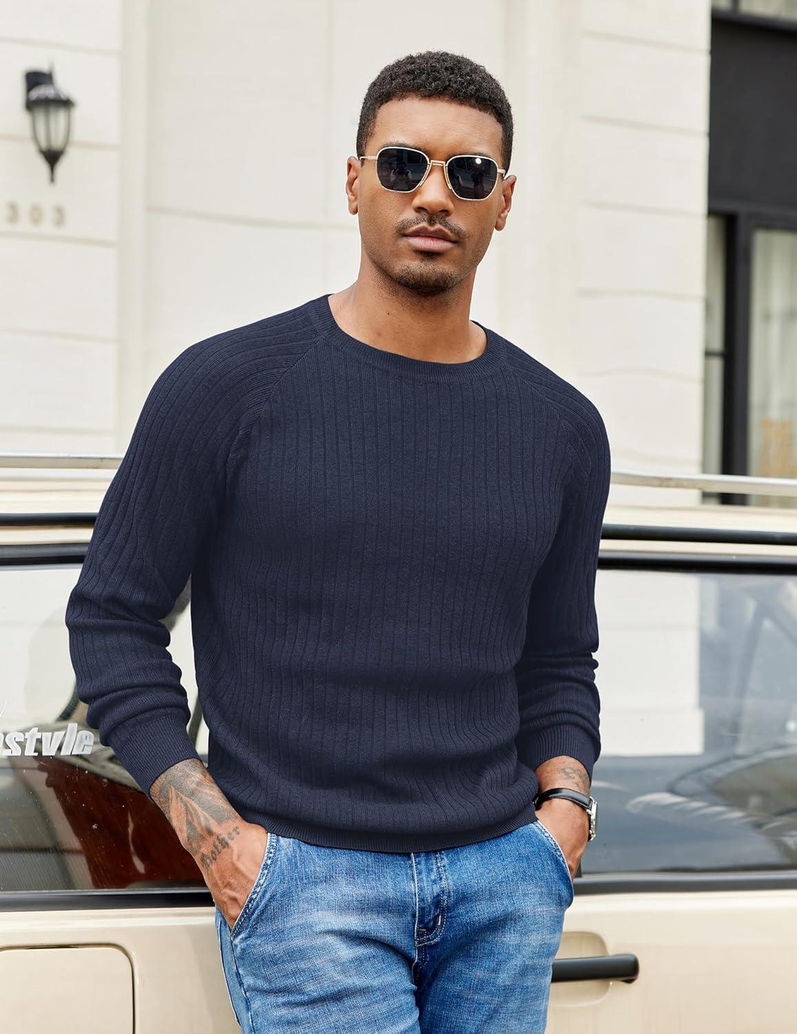 imageCOOFANDY Mens Crewneck Pullover Sweaters Business Casual Long Sleeve Slim Fit Sweater Chunky Cable Knit SweaterDark Bluenarrow Ribs