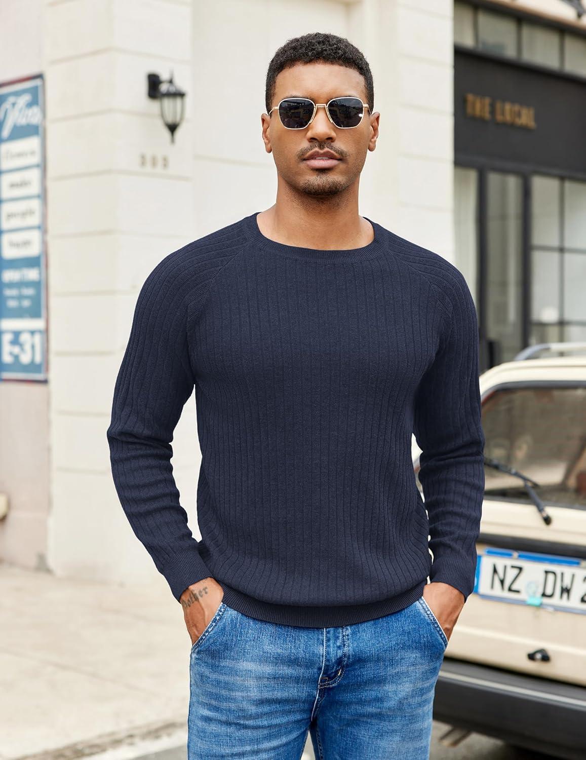 imageCOOFANDY Mens Crewneck Pullover Sweaters Business Casual Long Sleeve Slim Fit Sweater Chunky Cable Knit SweaterDark Bluenarrow Ribs