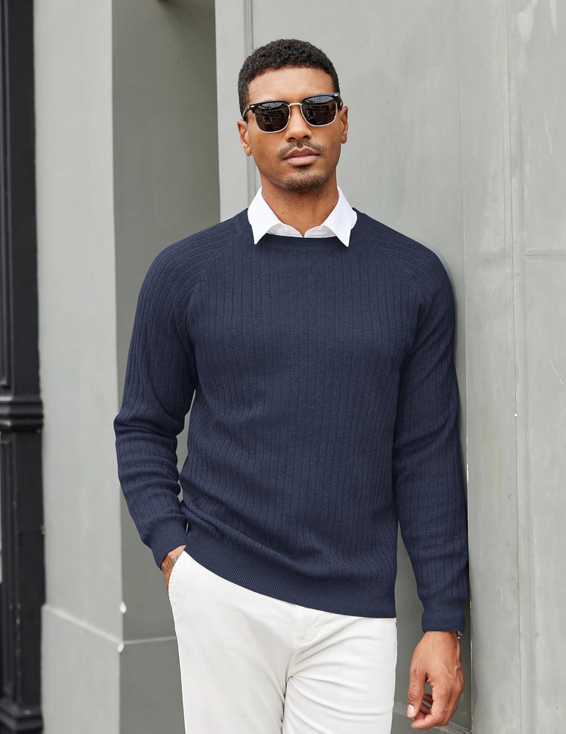 imageCOOFANDY Mens Crewneck Pullover Sweaters Business Casual Long Sleeve Slim Fit Sweater Chunky Cable Knit SweaterDark Bluenarrow Ribs