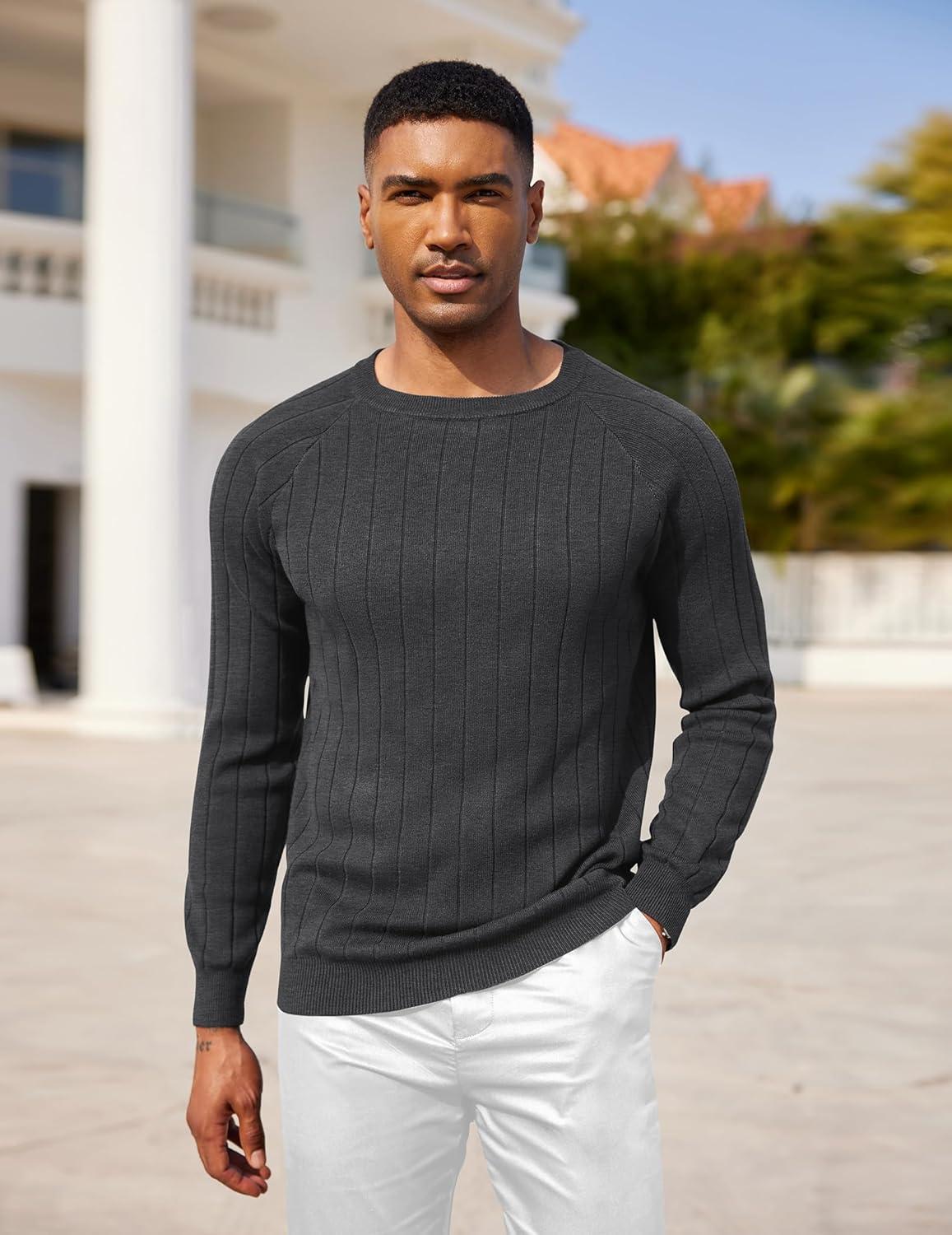 imageCOOFANDY Mens Crewneck Pullover Sweaters Business Casual Long Sleeve Slim Fit Sweater Chunky Cable Knit SweaterDark Gray