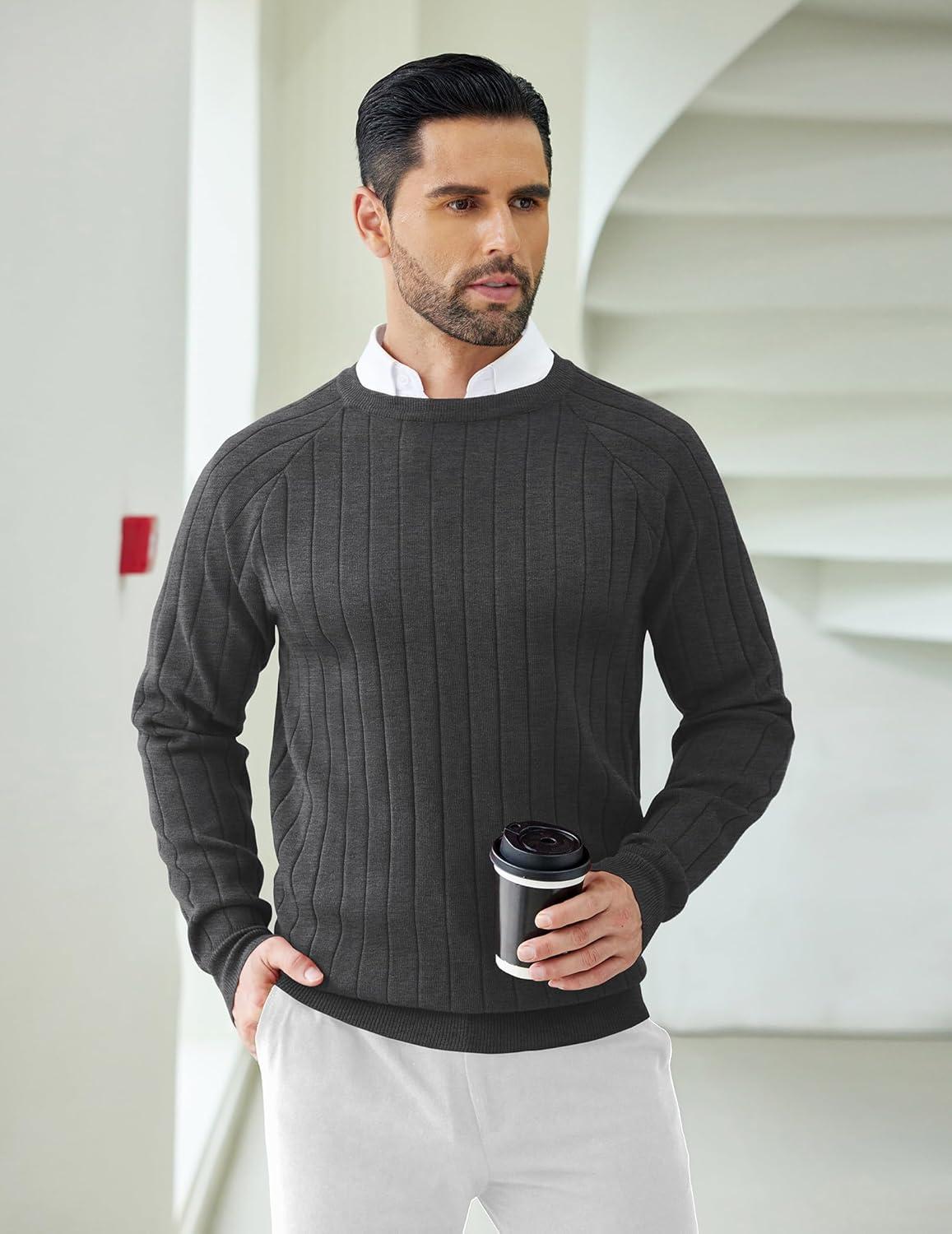 imageCOOFANDY Mens Crewneck Pullover Sweaters Business Casual Long Sleeve Slim Fit Sweater Chunky Cable Knit SweaterDark Gray