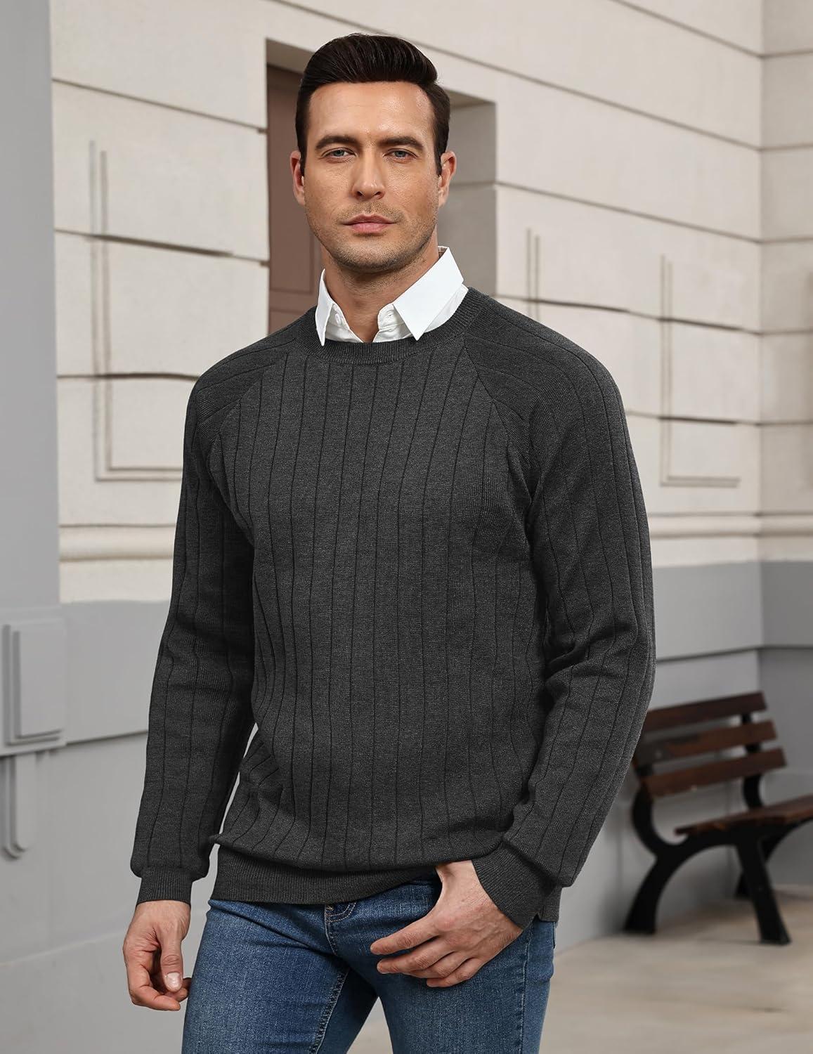 imageCOOFANDY Mens Crewneck Pullover Sweaters Business Casual Long Sleeve Slim Fit Sweater Chunky Cable Knit SweaterDark Gray