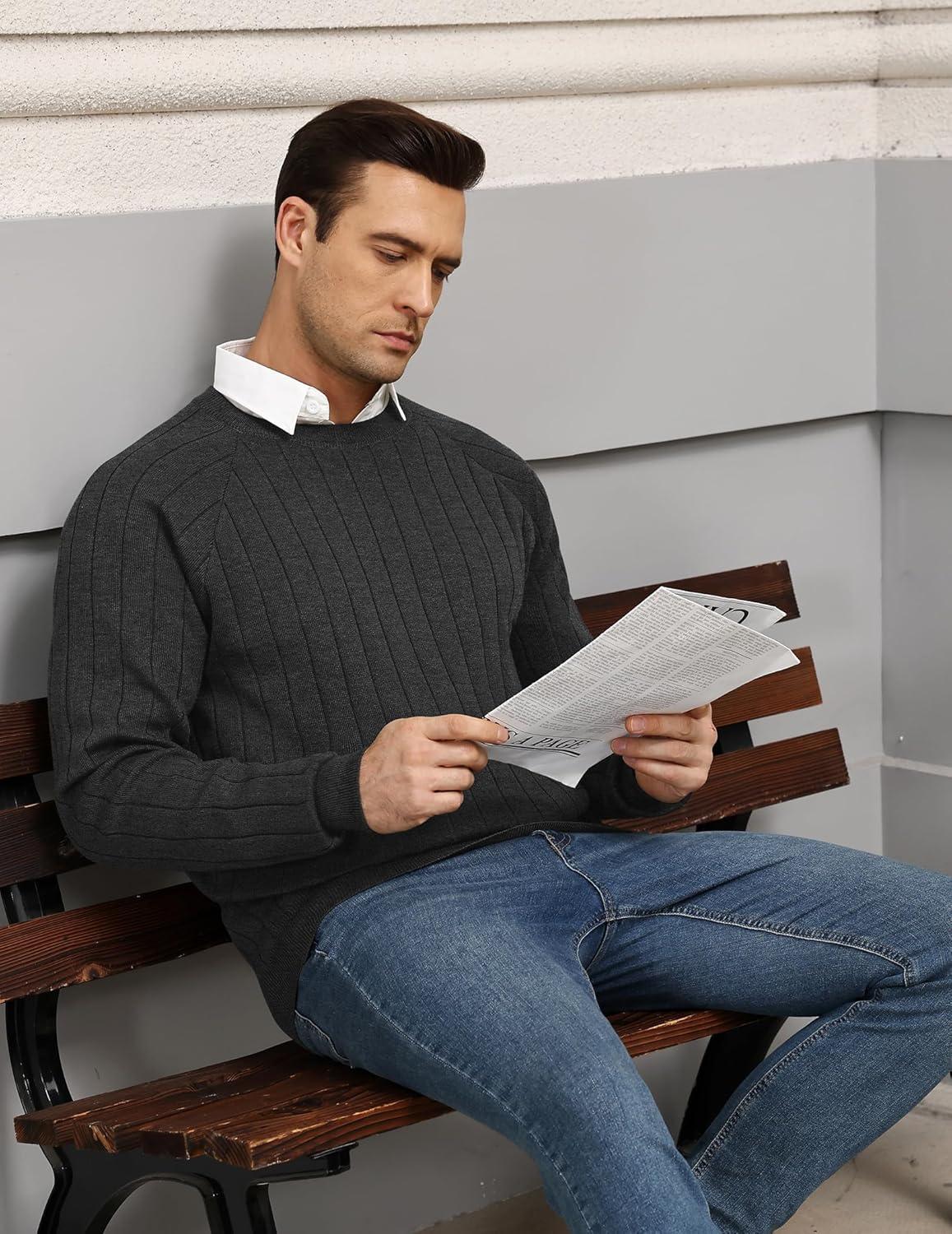 imageCOOFANDY Mens Crewneck Pullover Sweaters Business Casual Long Sleeve Slim Fit Sweater Chunky Cable Knit SweaterDark Gray