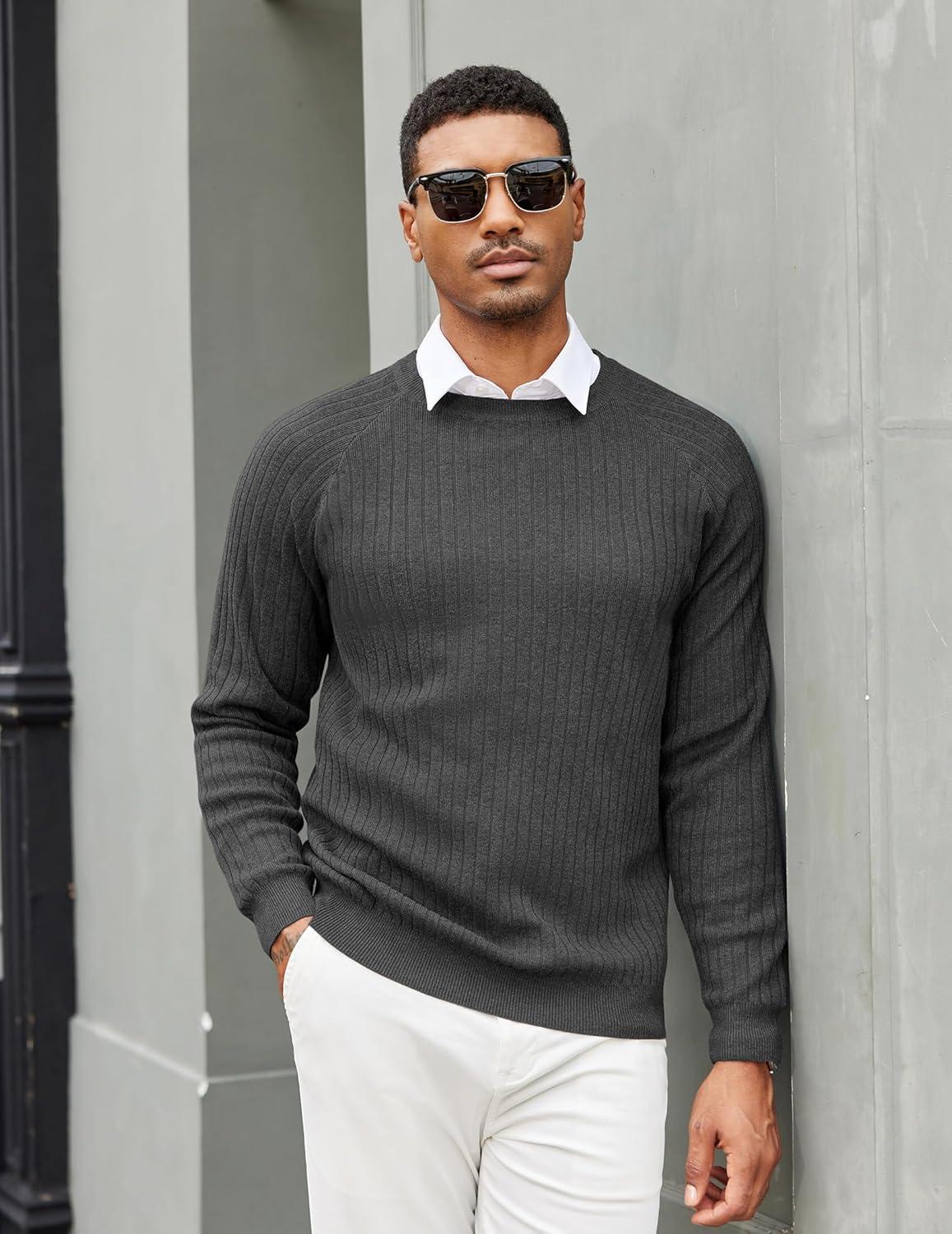 imageCOOFANDY Mens Crewneck Pullover Sweaters Business Casual Long Sleeve Slim Fit Sweater Chunky Cable Knit SweaterDark Graynarrow Ribs