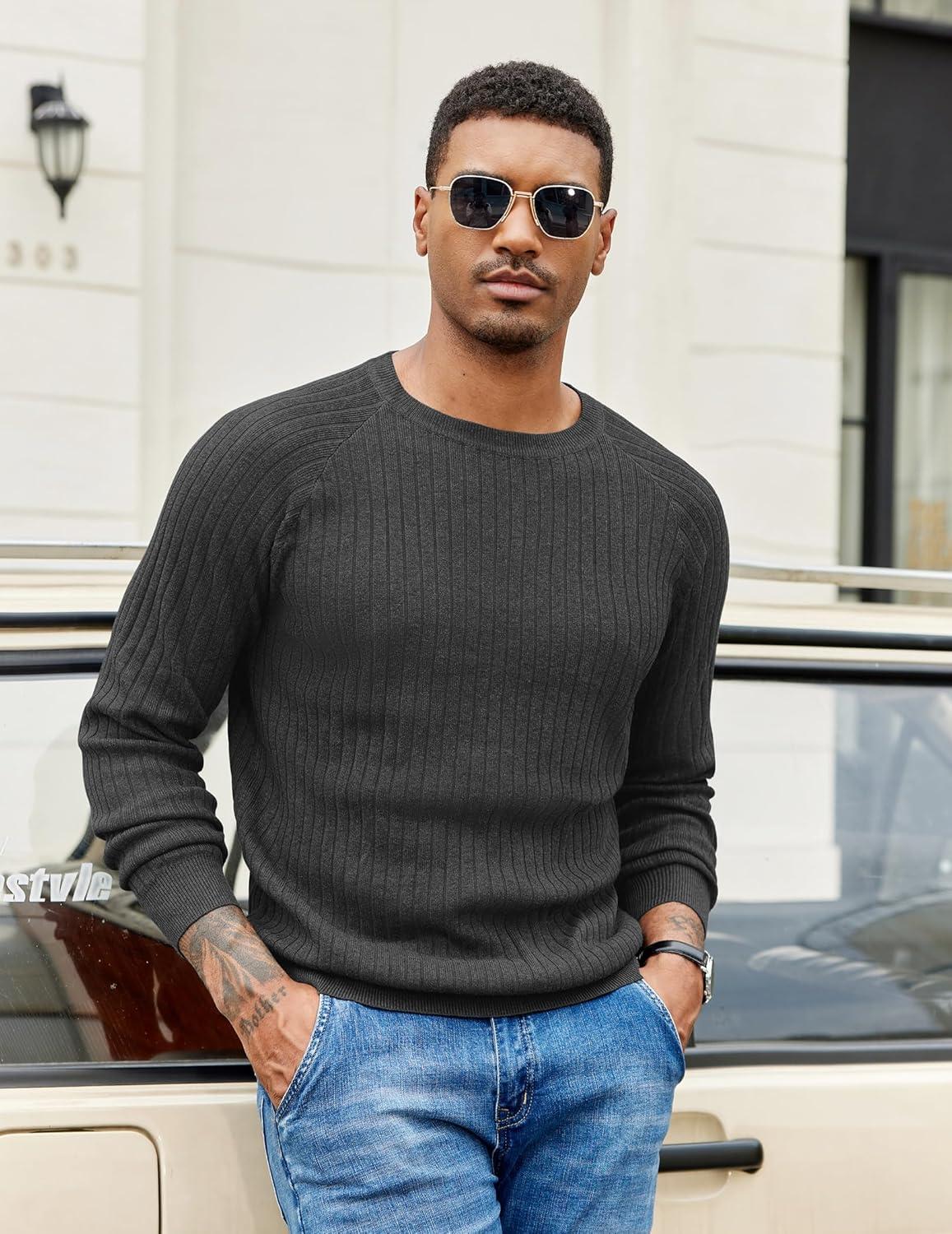 imageCOOFANDY Mens Crewneck Pullover Sweaters Business Casual Long Sleeve Slim Fit Sweater Chunky Cable Knit SweaterDark Graynarrow Ribs