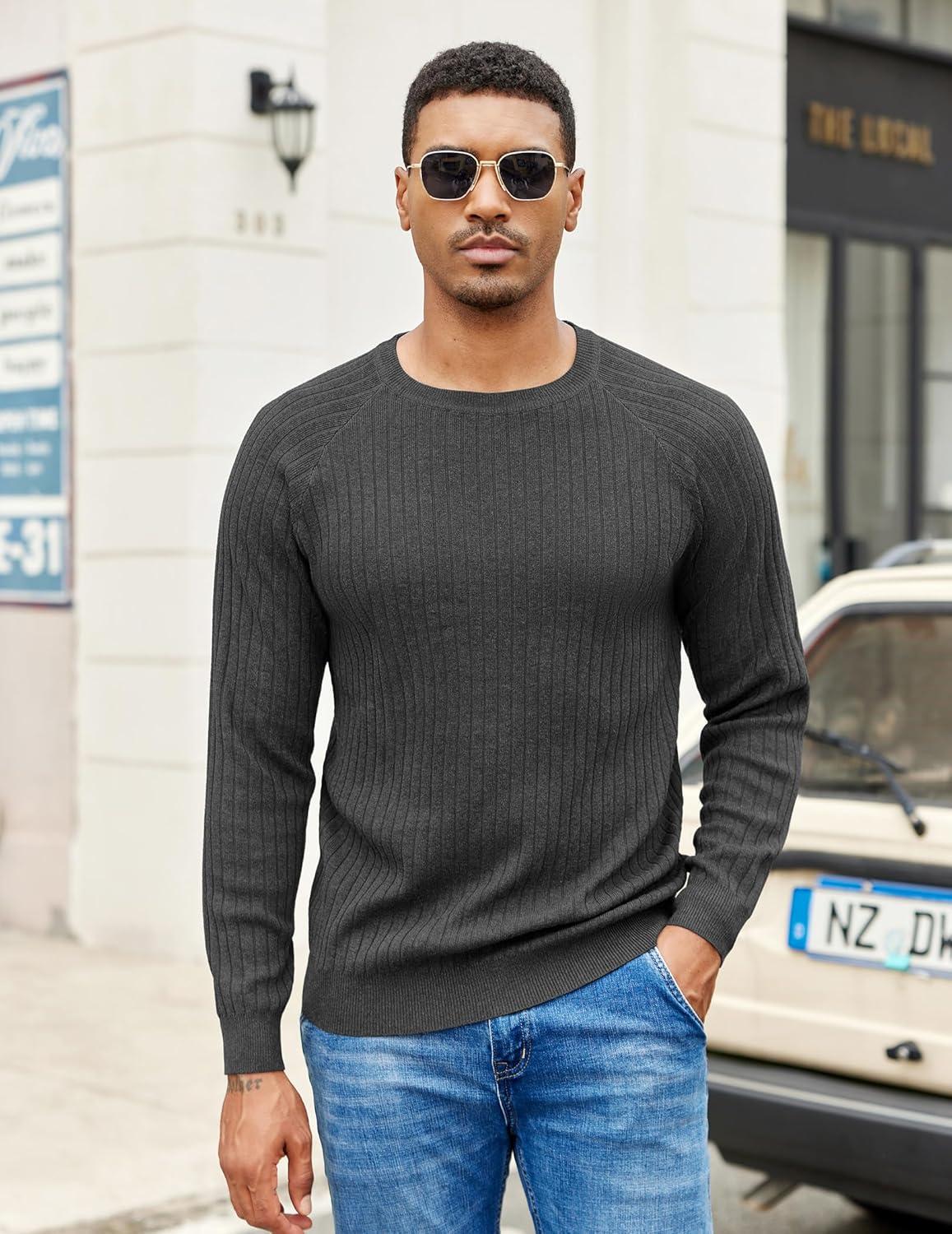 imageCOOFANDY Mens Crewneck Pullover Sweaters Business Casual Long Sleeve Slim Fit Sweater Chunky Cable Knit SweaterDark Graynarrow Ribs