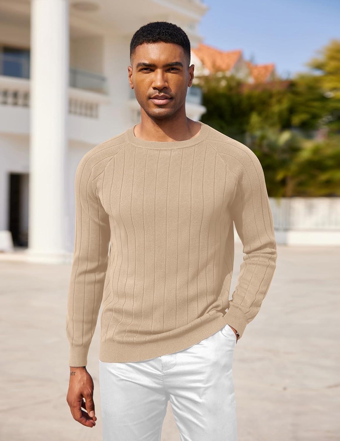 imageCOOFANDY Mens Crewneck Pullover Sweaters Business Casual Long Sleeve Slim Fit Sweater Chunky Cable Knit SweaterKhaki