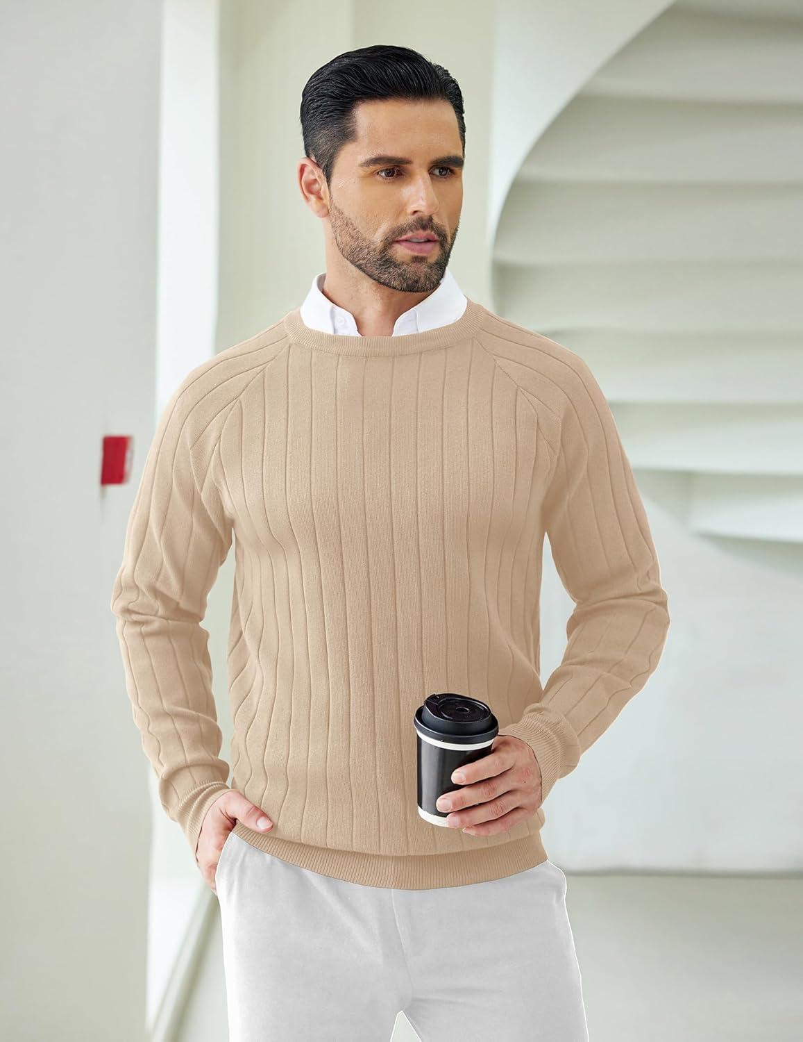 imageCOOFANDY Mens Crewneck Pullover Sweaters Business Casual Long Sleeve Slim Fit Sweater Chunky Cable Knit SweaterKhaki