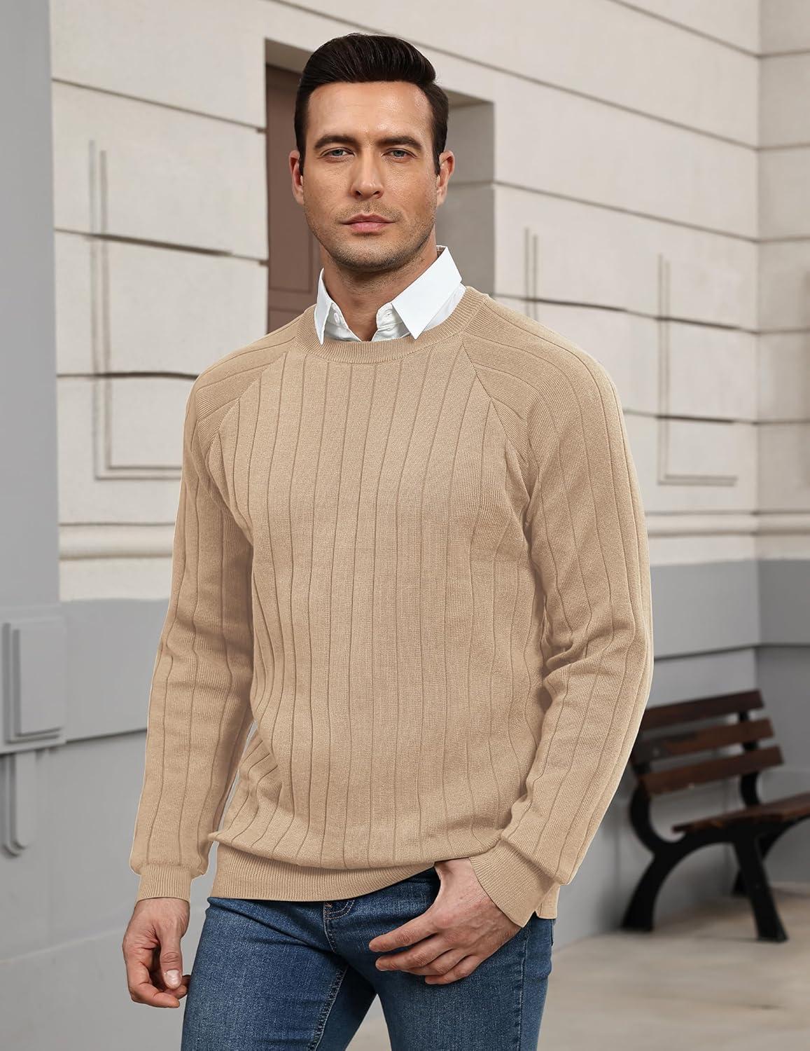 imageCOOFANDY Mens Crewneck Pullover Sweaters Business Casual Long Sleeve Slim Fit Sweater Chunky Cable Knit SweaterKhaki