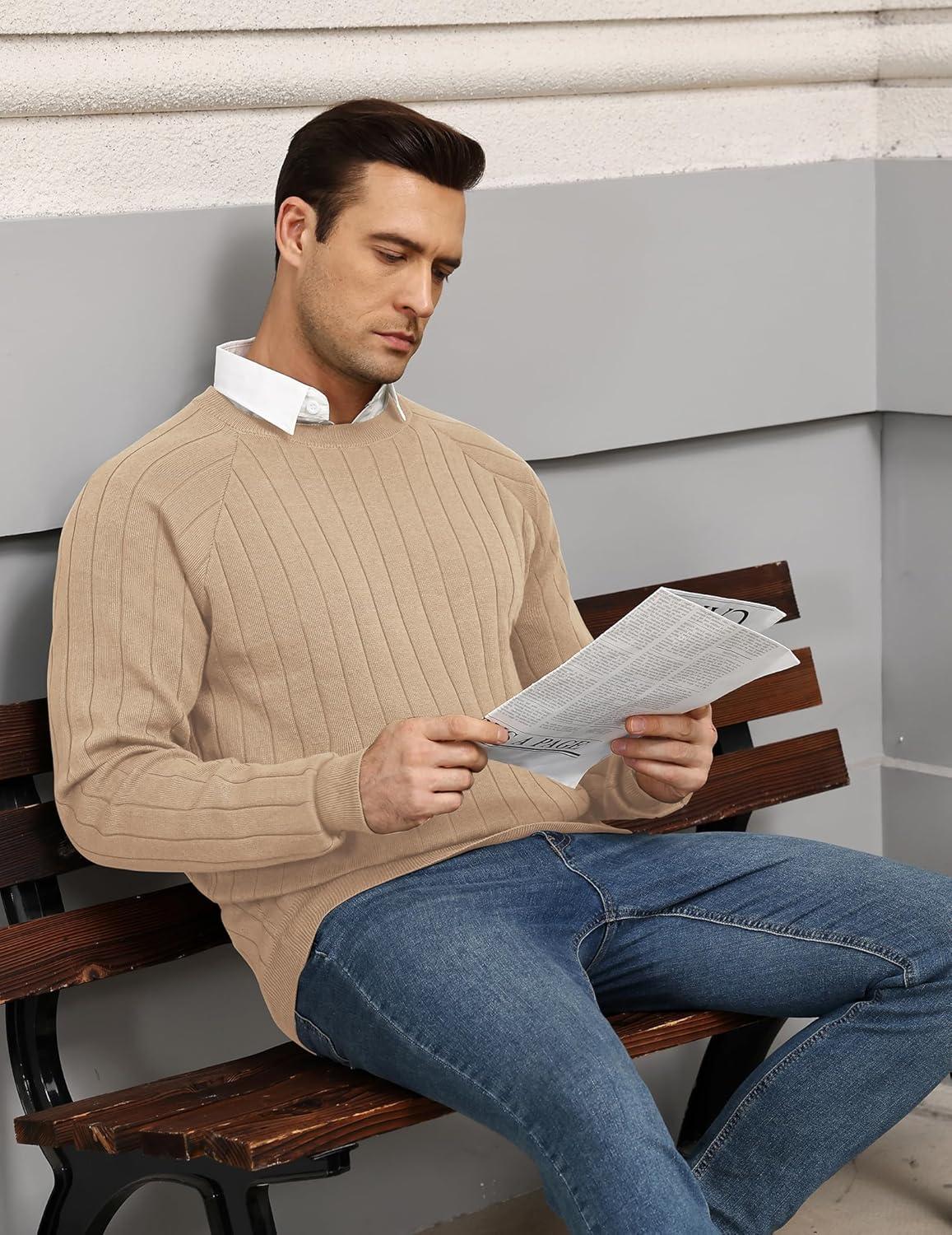imageCOOFANDY Mens Crewneck Pullover Sweaters Business Casual Long Sleeve Slim Fit Sweater Chunky Cable Knit SweaterKhaki