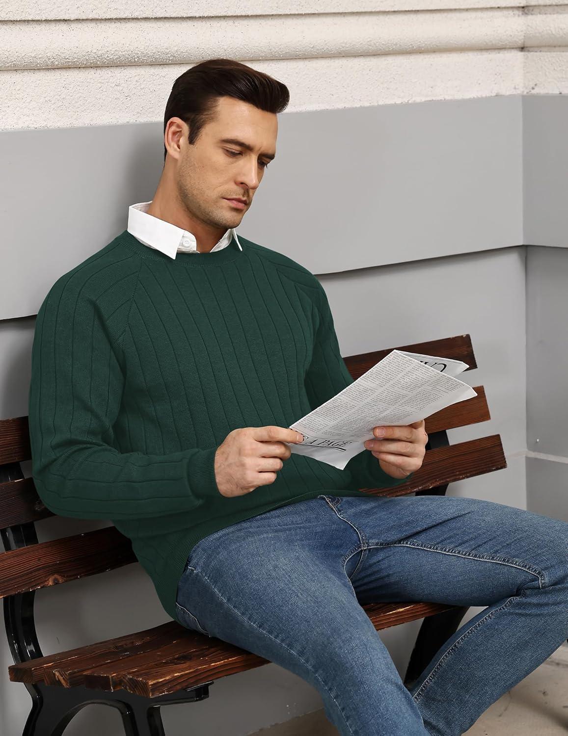 imageCOOFANDY Mens Crewneck Pullover Sweaters Business Casual Long Sleeve Slim Fit Sweater Chunky Cable Knit SweaterLake Green