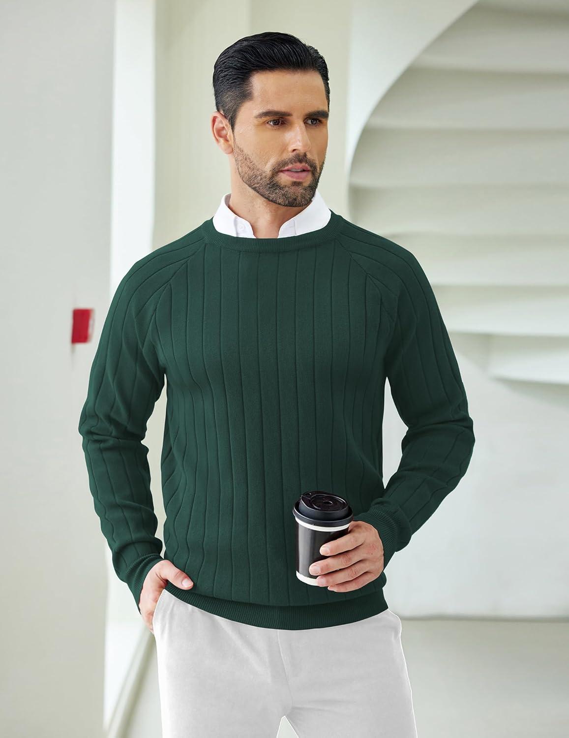 imageCOOFANDY Mens Crewneck Pullover Sweaters Business Casual Long Sleeve Slim Fit Sweater Chunky Cable Knit SweaterLake Green