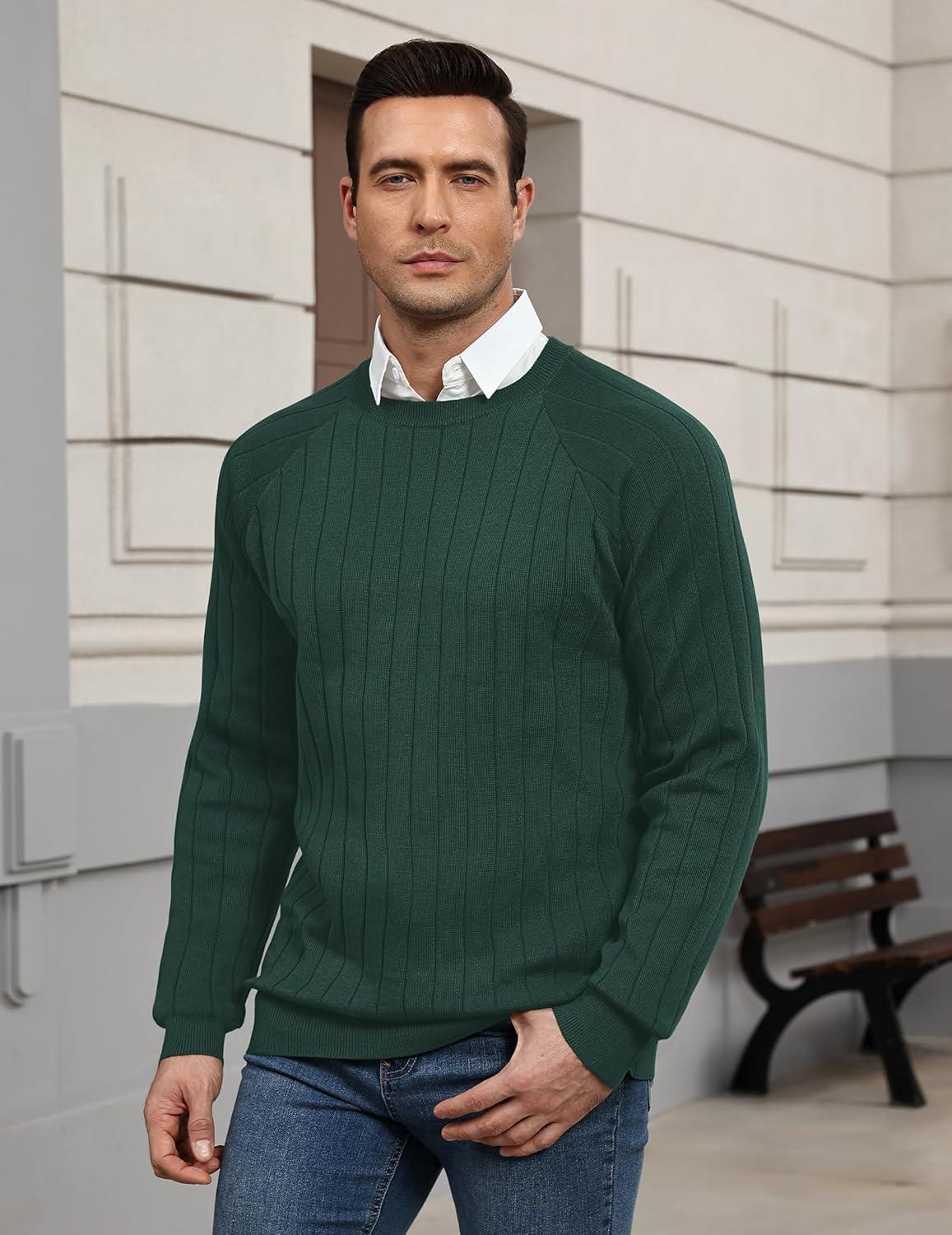 imageCOOFANDY Mens Crewneck Pullover Sweaters Business Casual Long Sleeve Slim Fit Sweater Chunky Cable Knit SweaterLake Green