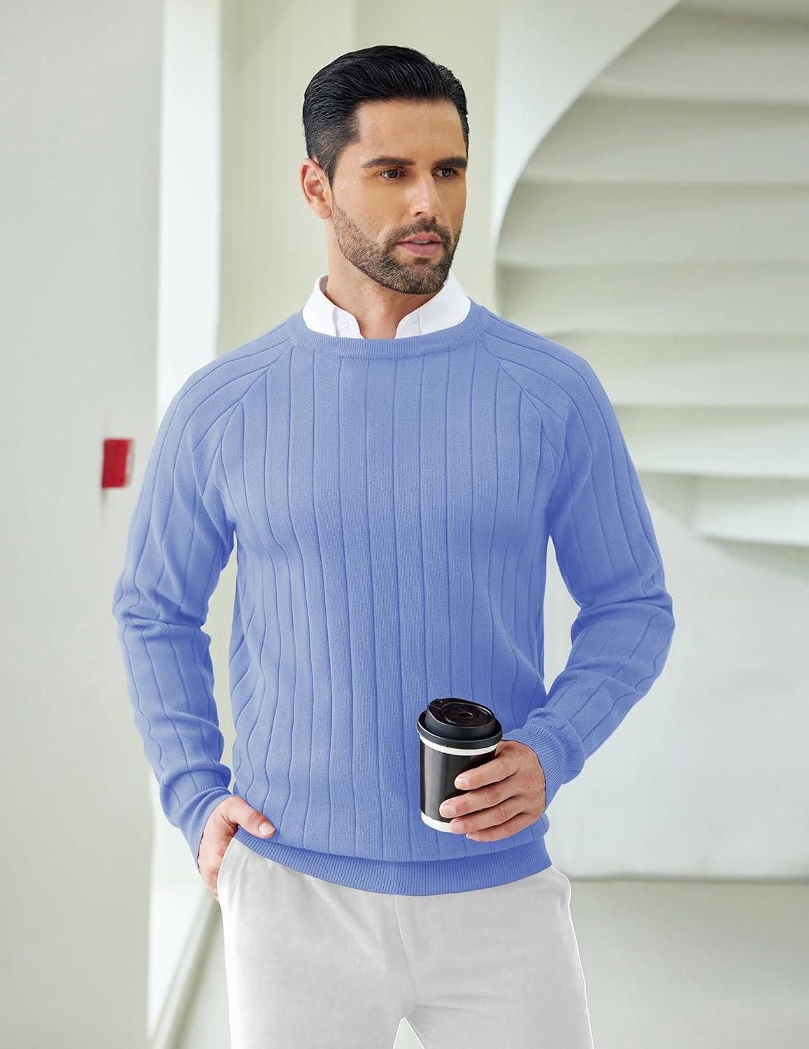 imageCOOFANDY Mens Crewneck Pullover Sweaters Business Casual Long Sleeve Slim Fit Sweater Chunky Cable Knit SweaterLight Blue