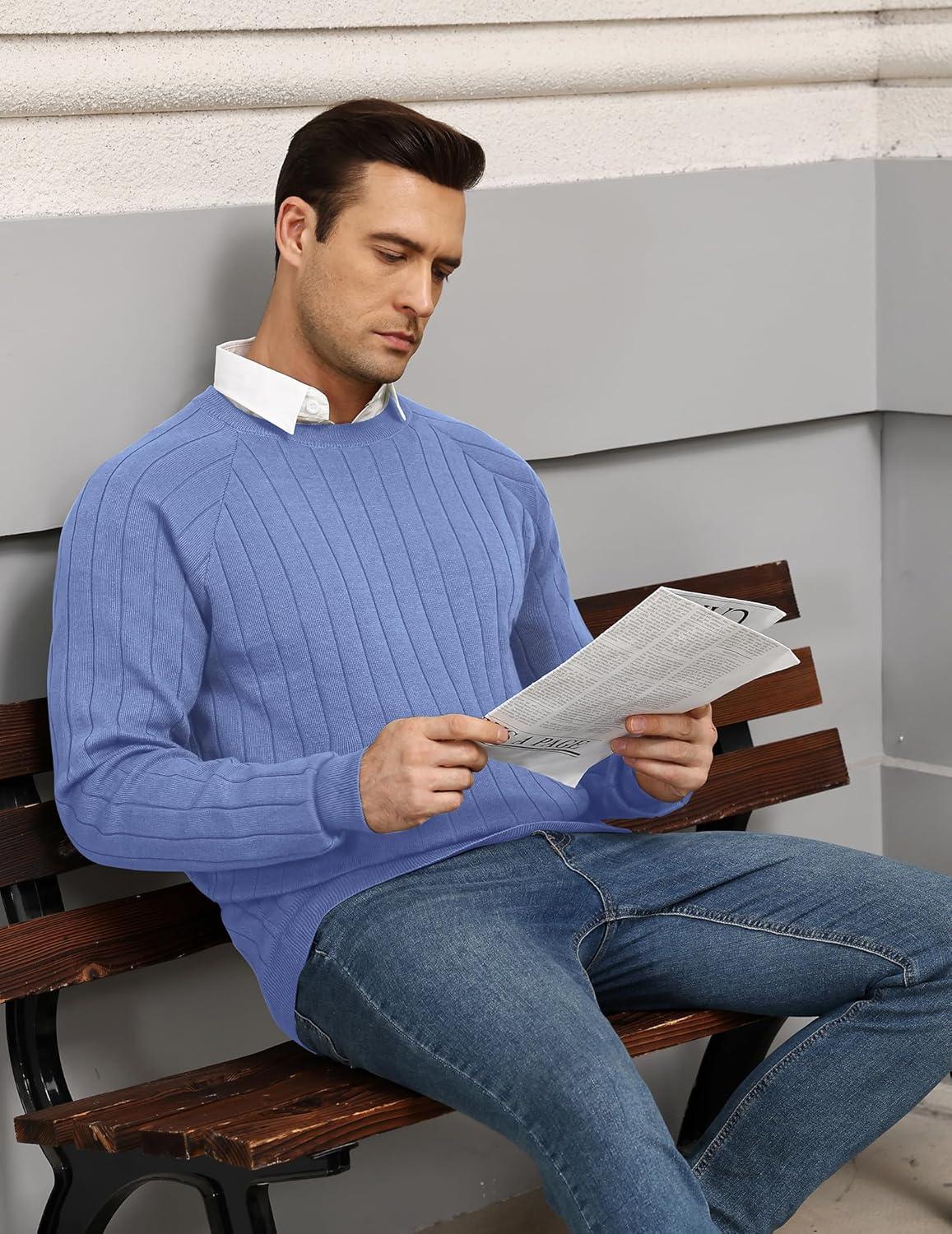 imageCOOFANDY Mens Crewneck Pullover Sweaters Business Casual Long Sleeve Slim Fit Sweater Chunky Cable Knit SweaterLight Blue