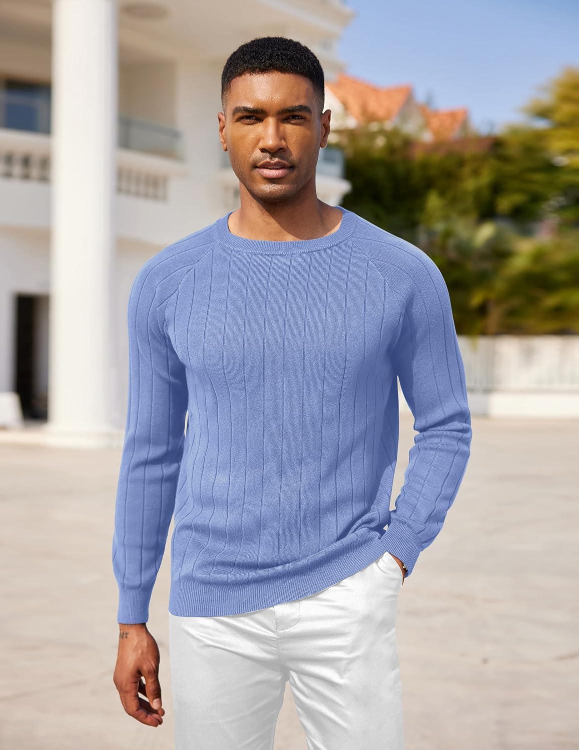 imageCOOFANDY Mens Crewneck Pullover Sweaters Business Casual Long Sleeve Slim Fit Sweater Chunky Cable Knit SweaterLight Blue