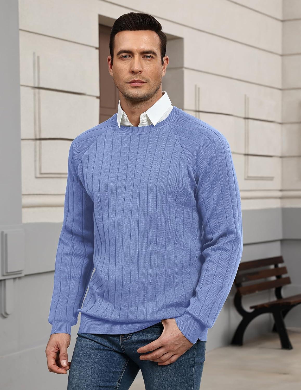 imageCOOFANDY Mens Crewneck Pullover Sweaters Business Casual Long Sleeve Slim Fit Sweater Chunky Cable Knit SweaterLight Blue