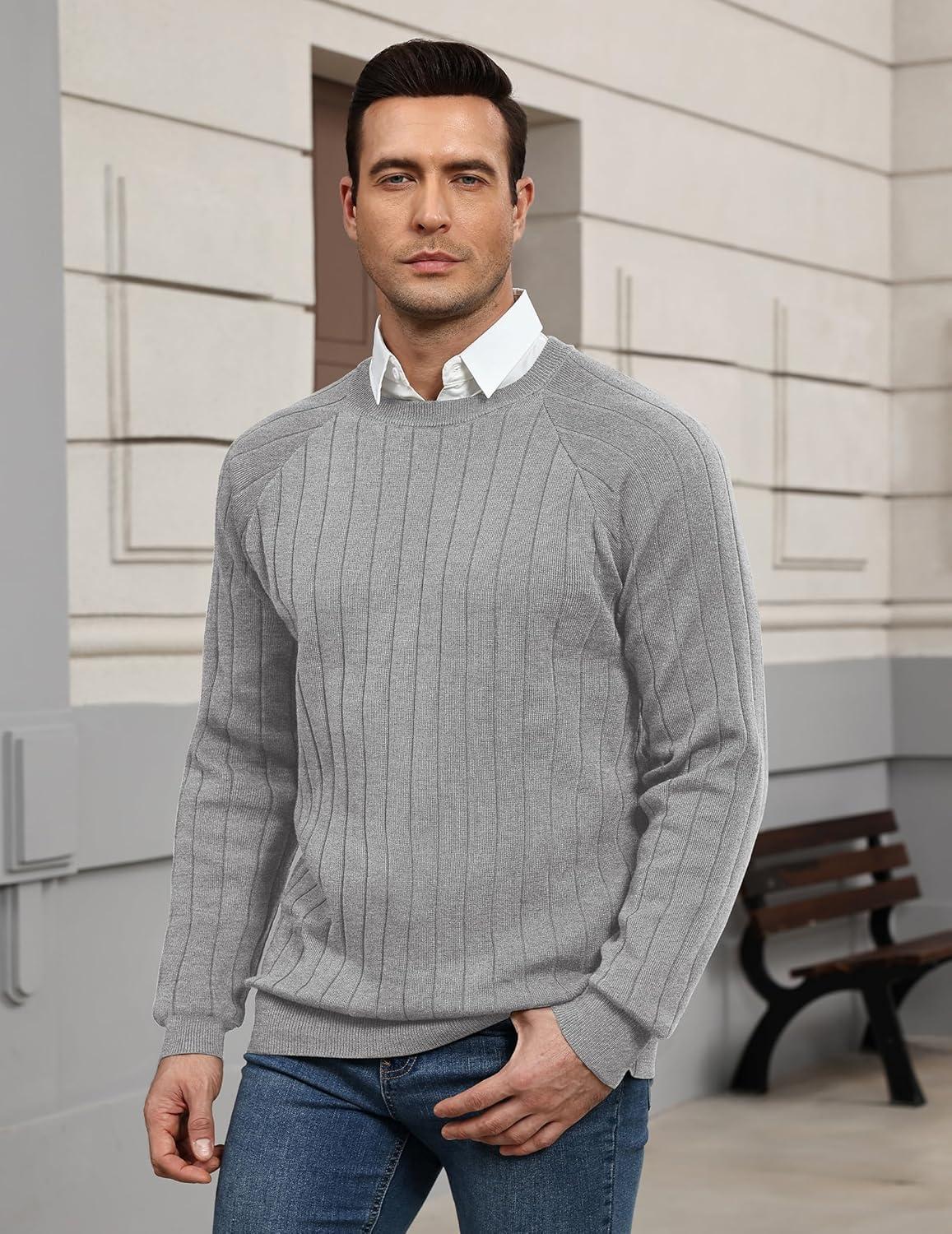 imageCOOFANDY Mens Crewneck Pullover Sweaters Business Casual Long Sleeve Slim Fit Sweater Chunky Cable Knit SweaterLight Gray