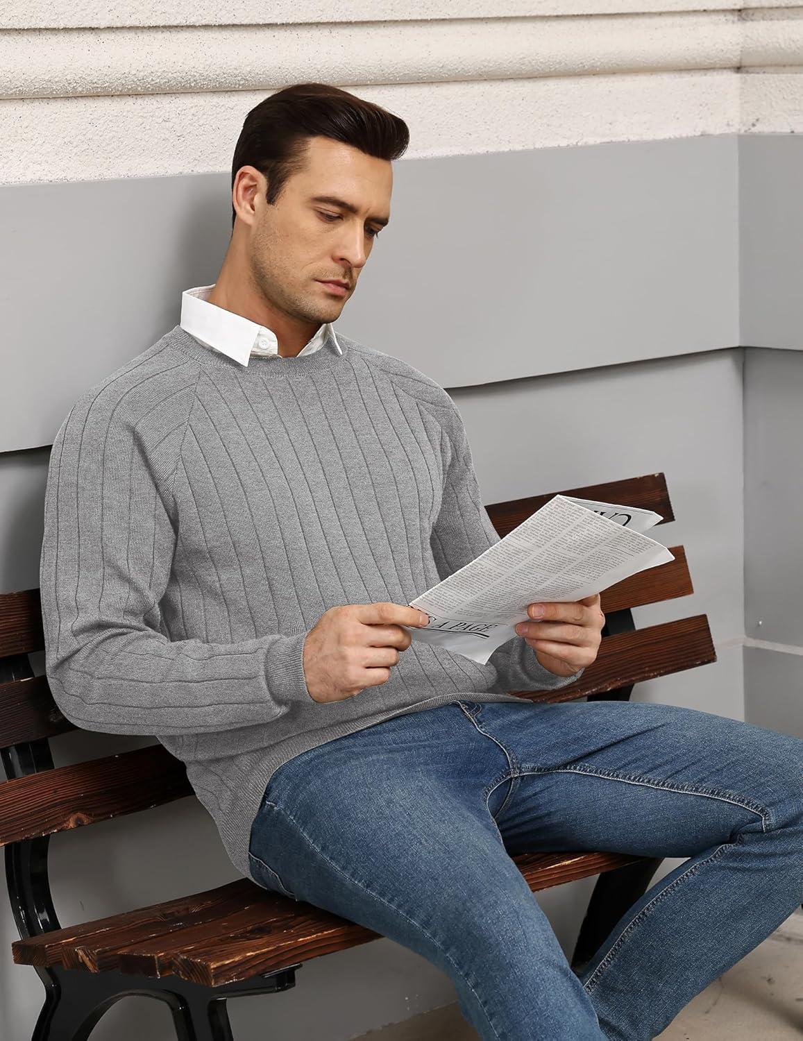 imageCOOFANDY Mens Crewneck Pullover Sweaters Business Casual Long Sleeve Slim Fit Sweater Chunky Cable Knit SweaterLight Gray