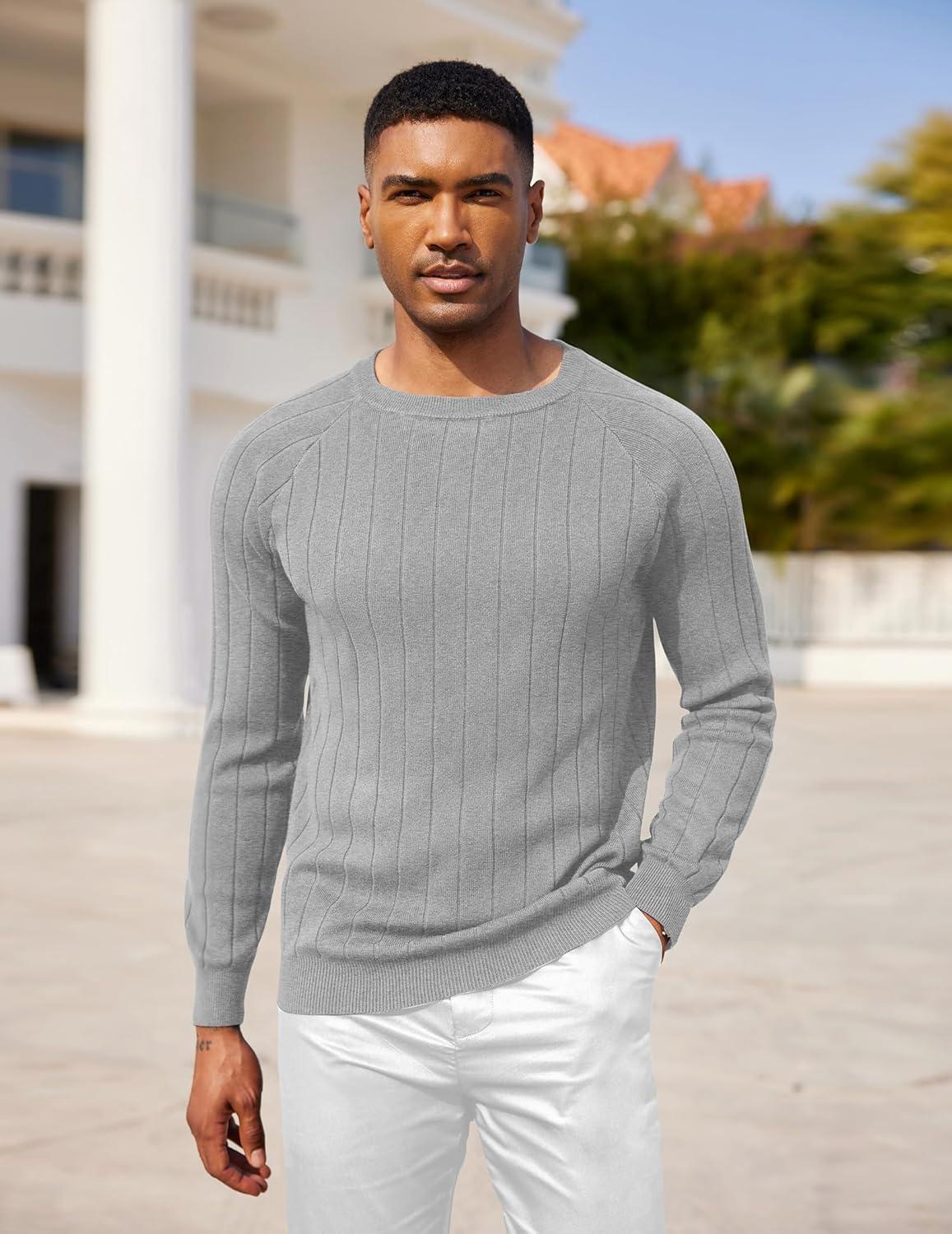 imageCOOFANDY Mens Crewneck Pullover Sweaters Business Casual Long Sleeve Slim Fit Sweater Chunky Cable Knit SweaterLight Gray