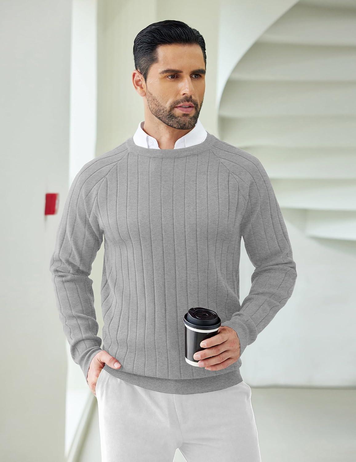 imageCOOFANDY Mens Crewneck Pullover Sweaters Business Casual Long Sleeve Slim Fit Sweater Chunky Cable Knit SweaterLight Gray