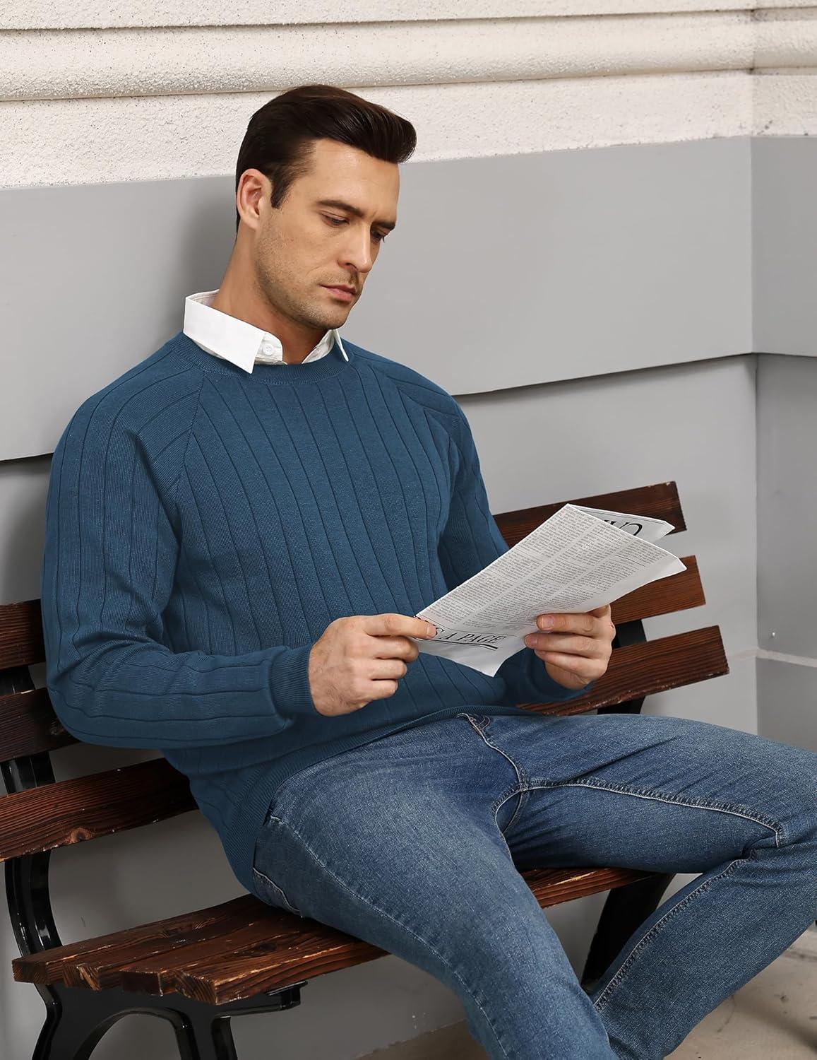 imageCOOFANDY Mens Crewneck Pullover Sweaters Business Casual Long Sleeve Slim Fit Sweater Chunky Cable Knit SweaterNavy Blue