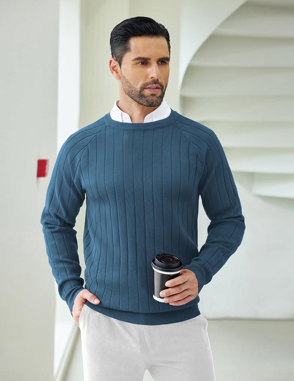 imageCOOFANDY Mens Crewneck Pullover Sweaters Business Casual Long Sleeve Slim Fit Sweater Chunky Cable Knit SweaterNavy Blue
