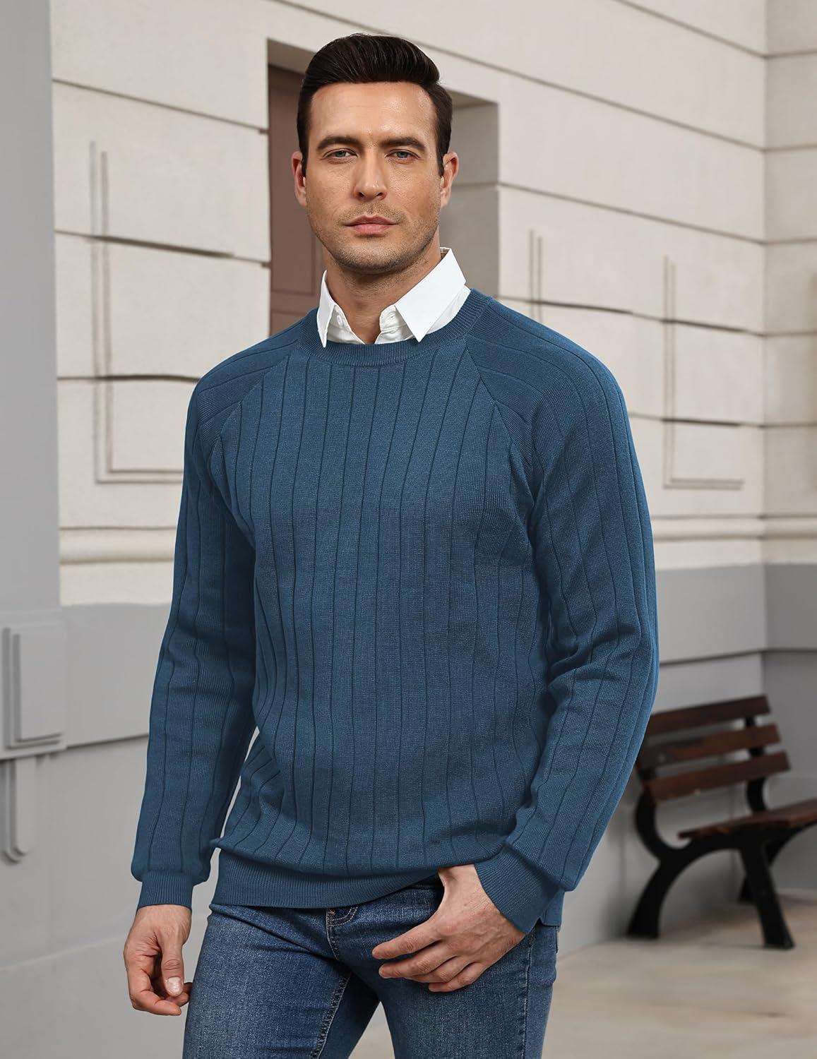 imageCOOFANDY Mens Crewneck Pullover Sweaters Business Casual Long Sleeve Slim Fit Sweater Chunky Cable Knit SweaterNavy Blue