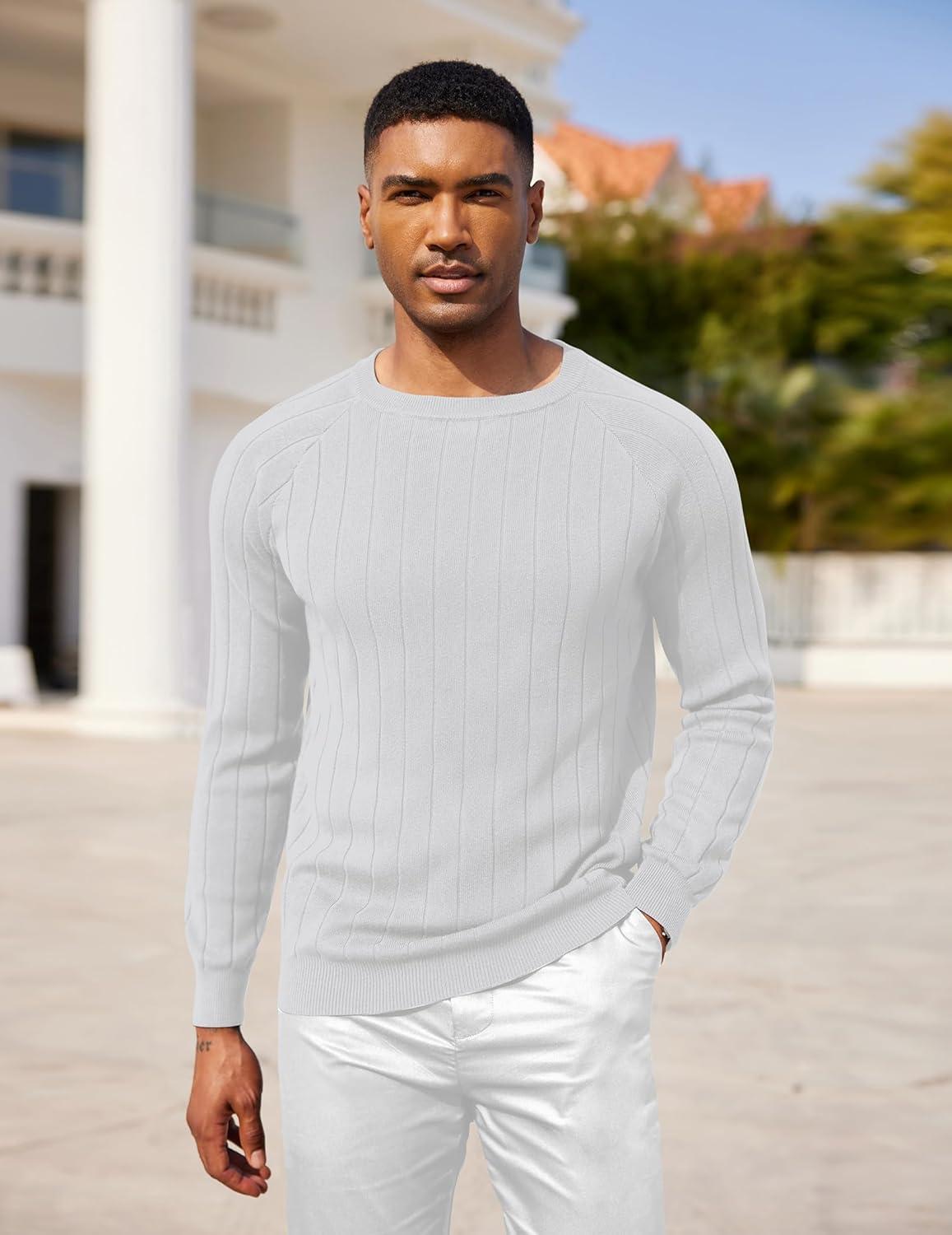 imageCOOFANDY Mens Crewneck Pullover Sweaters Business Casual Long Sleeve Slim Fit Sweater Chunky Cable Knit SweaterWhite
