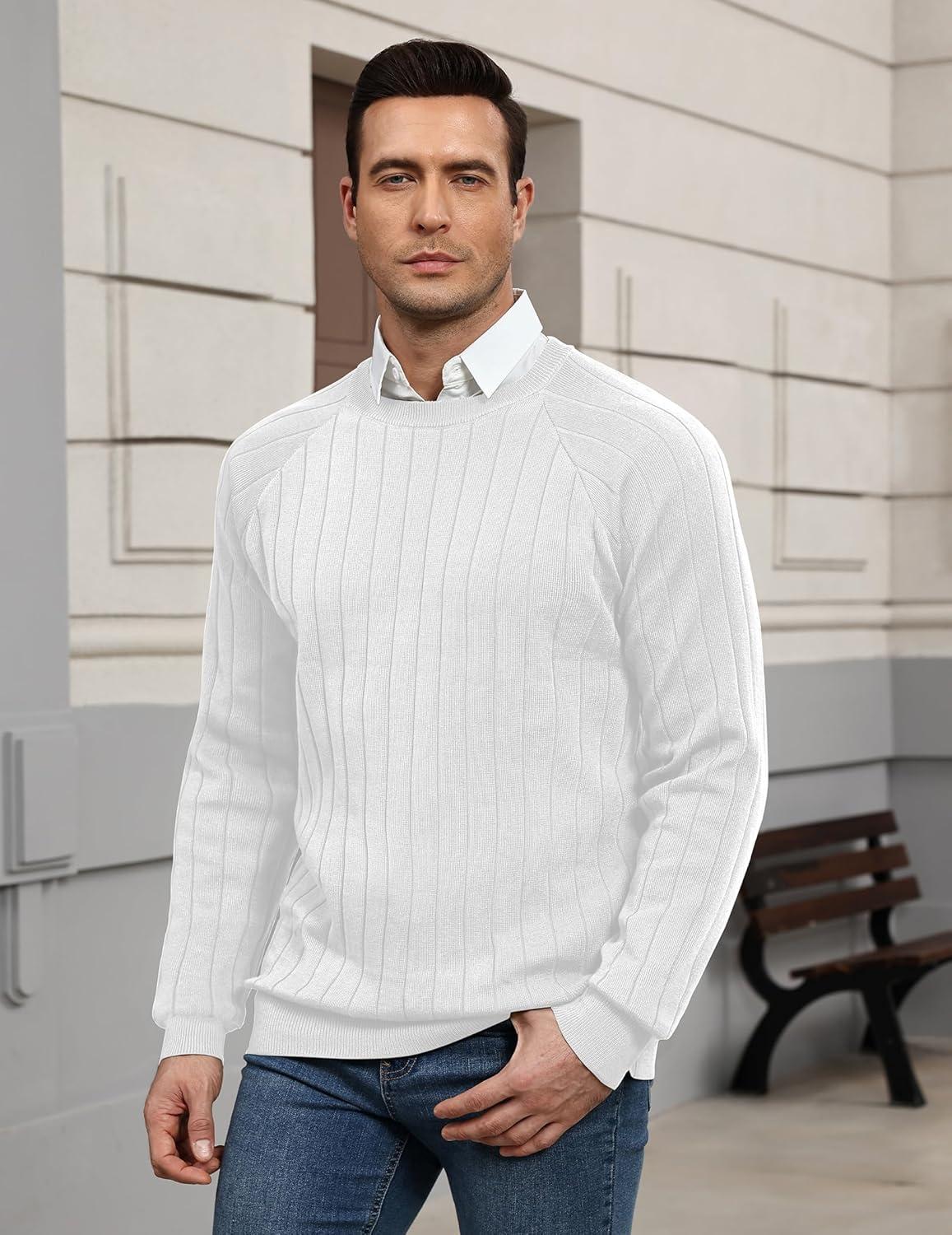 imageCOOFANDY Mens Crewneck Pullover Sweaters Business Casual Long Sleeve Slim Fit Sweater Chunky Cable Knit SweaterWhite