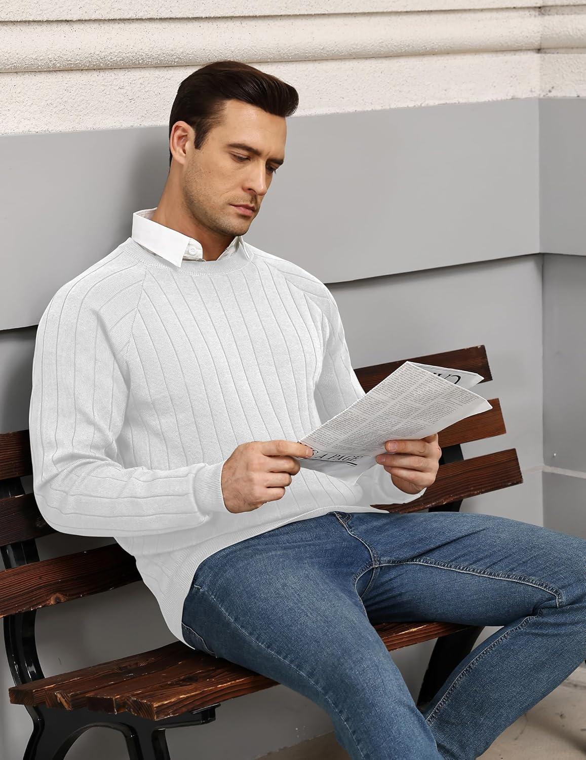 imageCOOFANDY Mens Crewneck Pullover Sweaters Business Casual Long Sleeve Slim Fit Sweater Chunky Cable Knit SweaterWhite