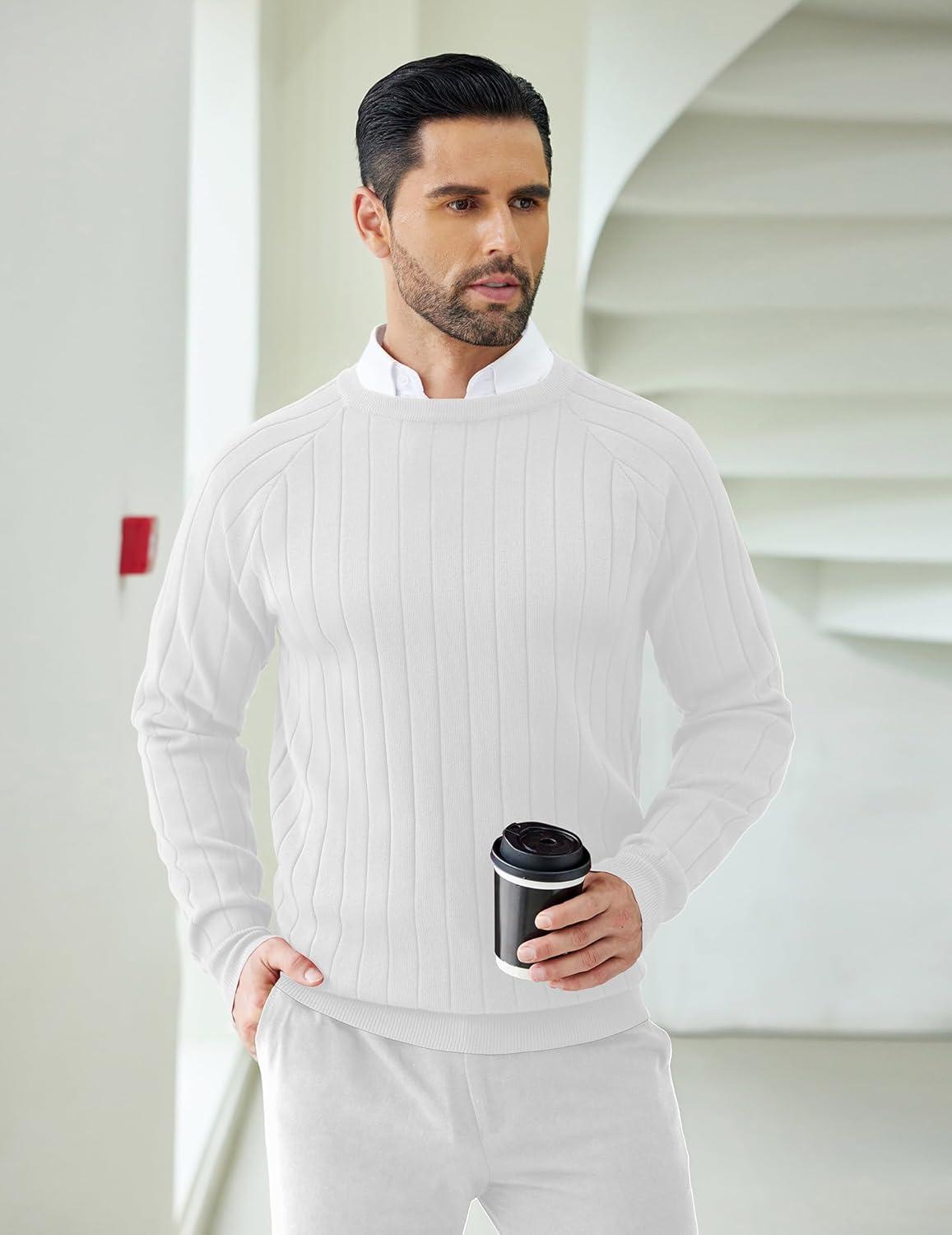 imageCOOFANDY Mens Crewneck Pullover Sweaters Business Casual Long Sleeve Slim Fit Sweater Chunky Cable Knit SweaterWhite