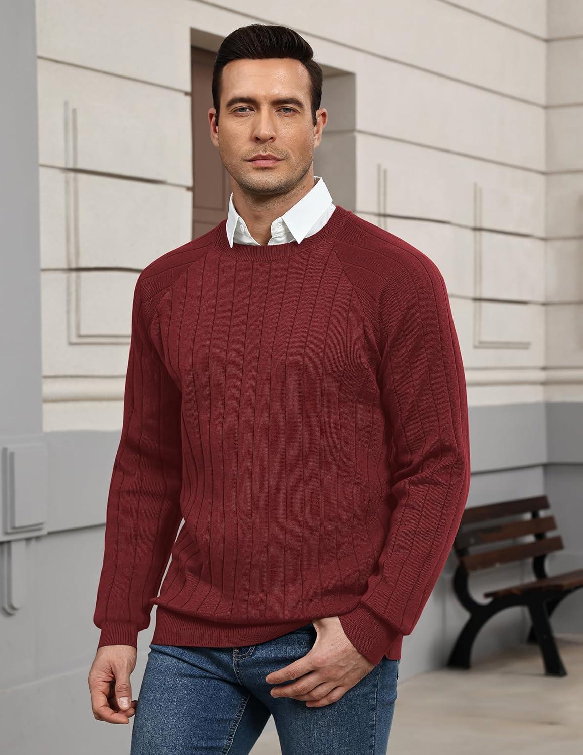 imageCOOFANDY Mens Crewneck Pullover Sweaters Business Casual Long Sleeve Slim Fit Sweater Chunky Cable Knit SweaterWine Red
