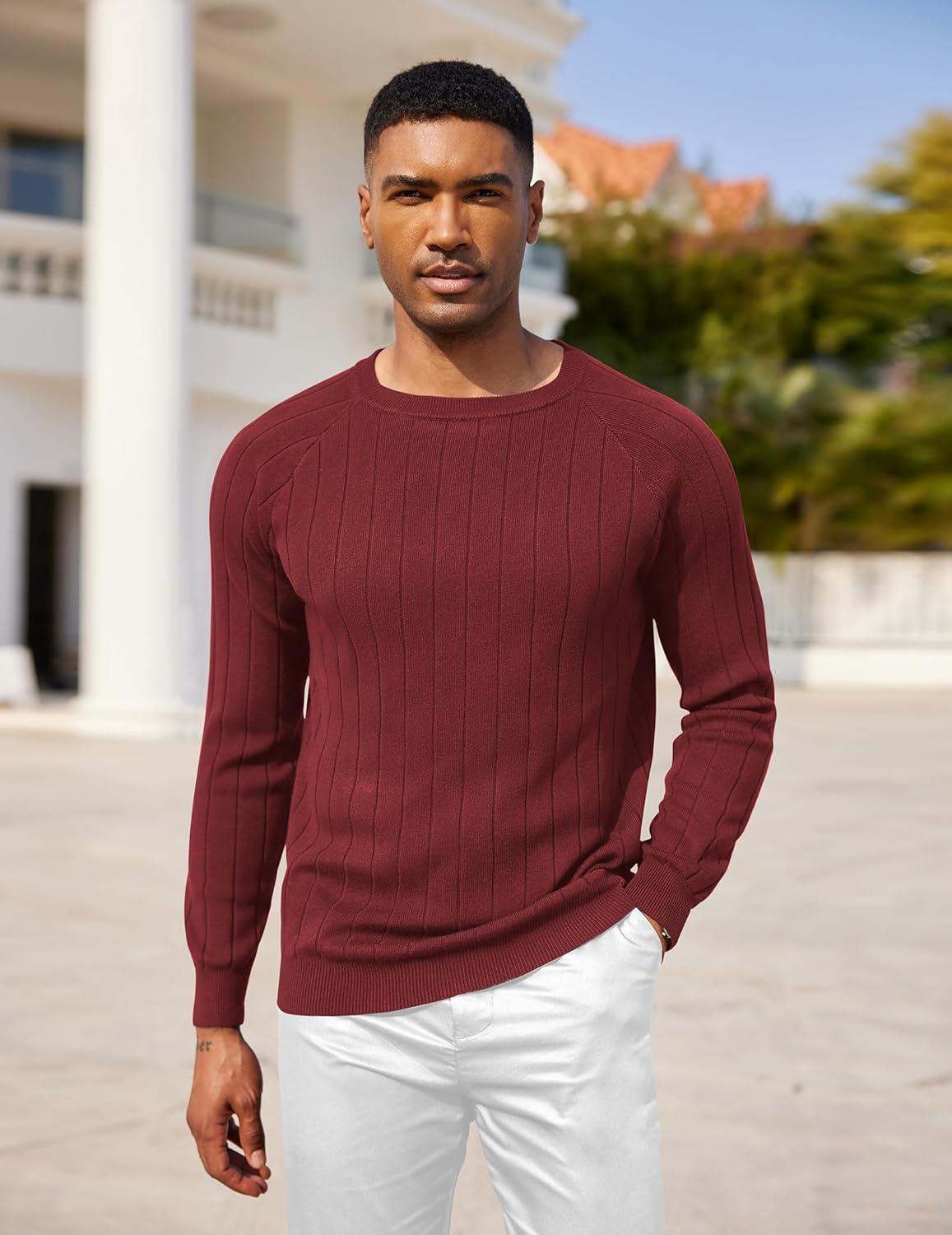 imageCOOFANDY Mens Crewneck Pullover Sweaters Business Casual Long Sleeve Slim Fit Sweater Chunky Cable Knit SweaterWine Red