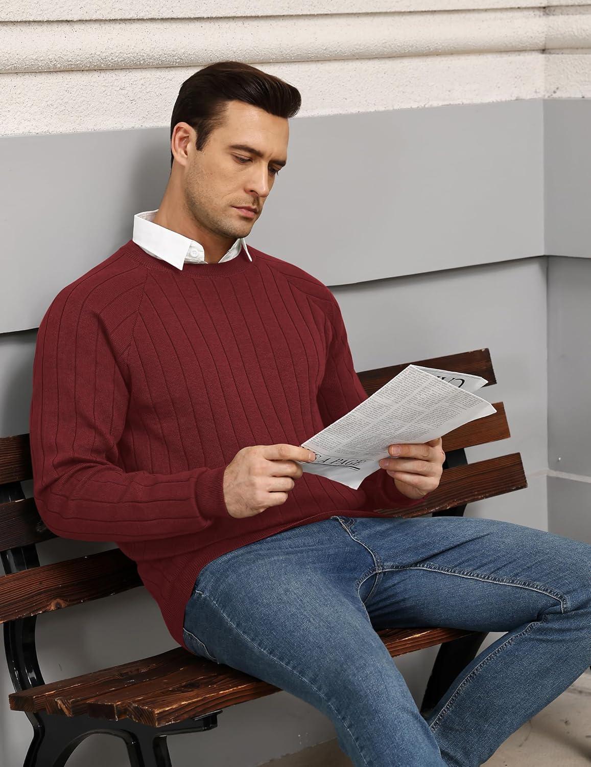 imageCOOFANDY Mens Crewneck Pullover Sweaters Business Casual Long Sleeve Slim Fit Sweater Chunky Cable Knit SweaterWine Red