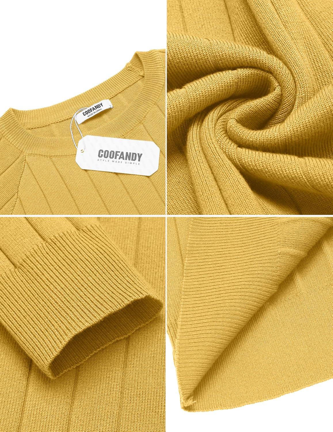 imageCOOFANDY Mens Crewneck Pullover Sweaters Business Casual Long Sleeve Slim Fit Sweater Chunky Cable Knit SweaterYellow