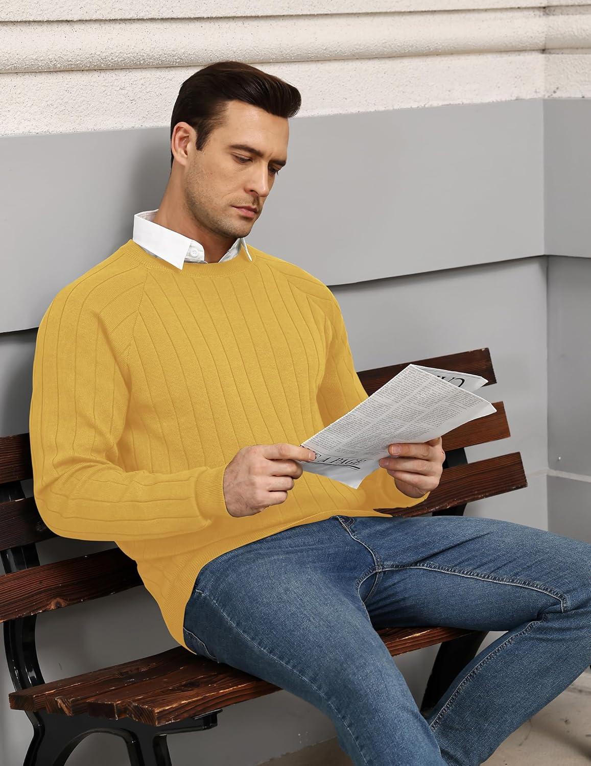 imageCOOFANDY Mens Crewneck Pullover Sweaters Business Casual Long Sleeve Slim Fit Sweater Chunky Cable Knit SweaterYellow