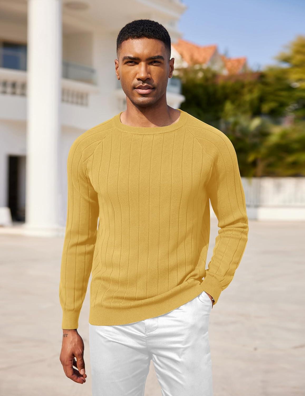 imageCOOFANDY Mens Crewneck Pullover Sweaters Business Casual Long Sleeve Slim Fit Sweater Chunky Cable Knit SweaterYellow