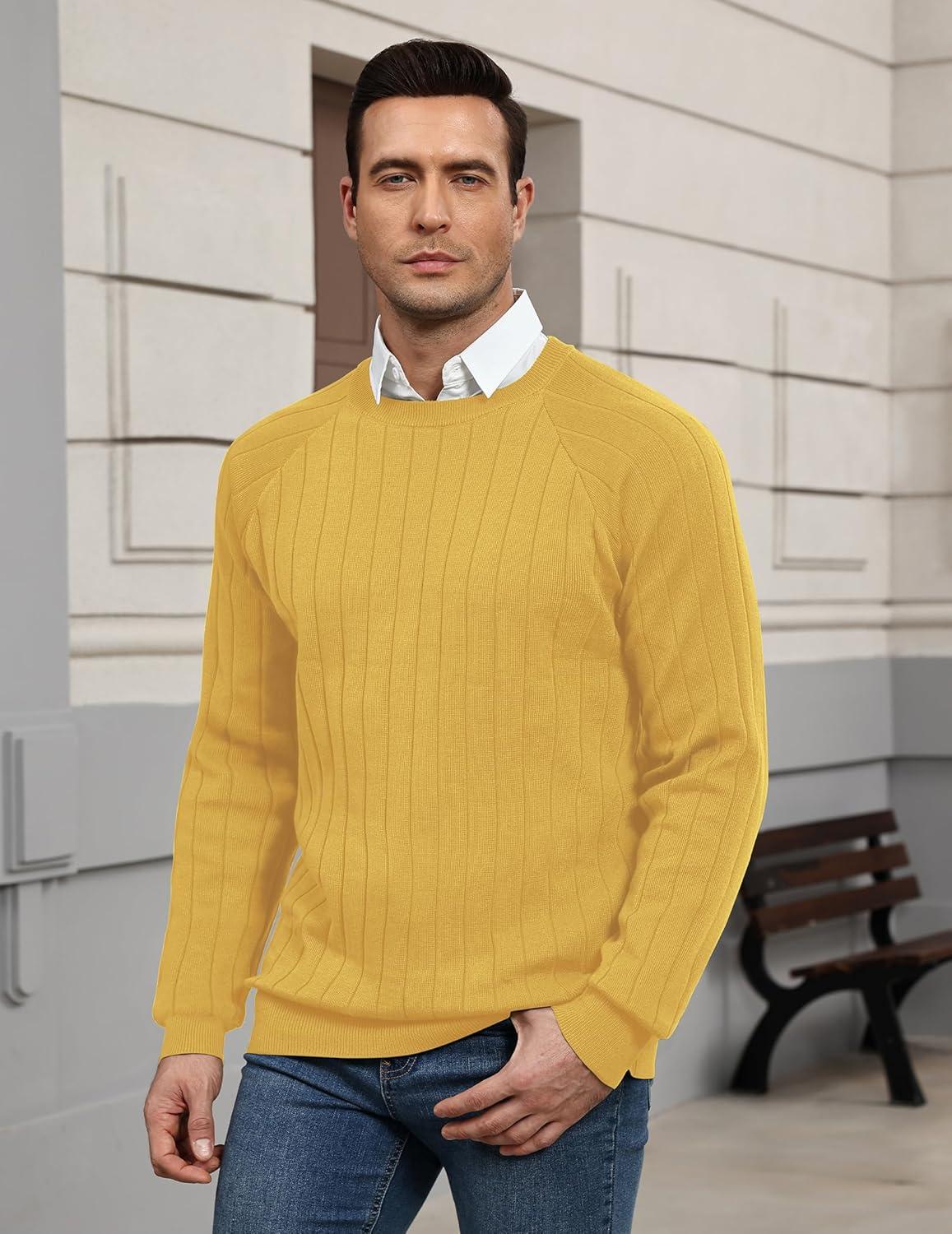 imageCOOFANDY Mens Crewneck Pullover Sweaters Business Casual Long Sleeve Slim Fit Sweater Chunky Cable Knit SweaterYellow