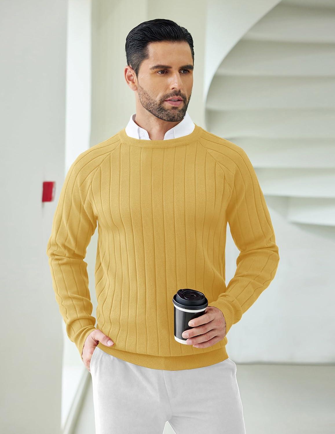 imageCOOFANDY Mens Crewneck Pullover Sweaters Business Casual Long Sleeve Slim Fit Sweater Chunky Cable Knit SweaterYellow