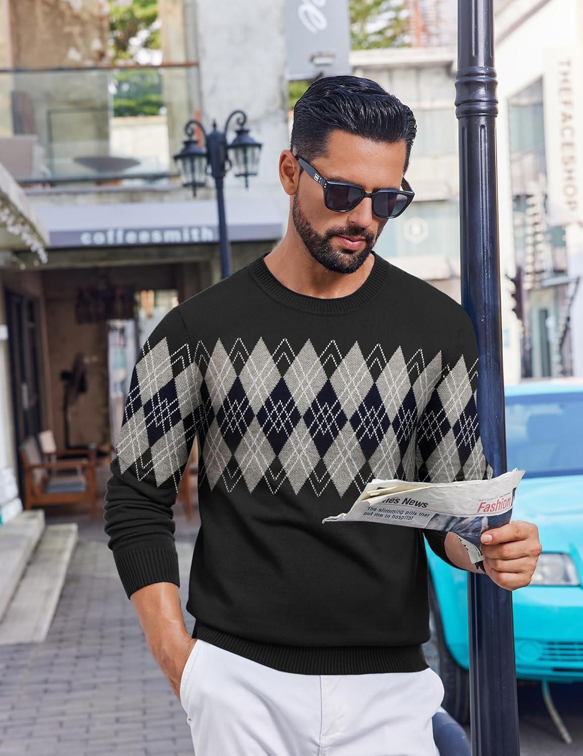 imageCOOFANDY Mens Crewneck Sweater Pullover Knit Sweater Lightweight Sweaters with Ribbing EdgeArgyle  Black