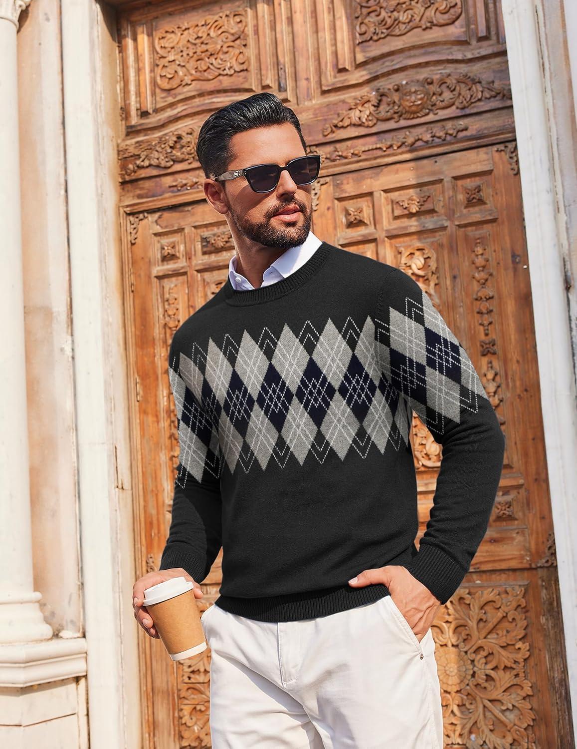 imageCOOFANDY Mens Crewneck Sweater Pullover Knit Sweater Lightweight Sweaters with Ribbing EdgeArgyle  Black